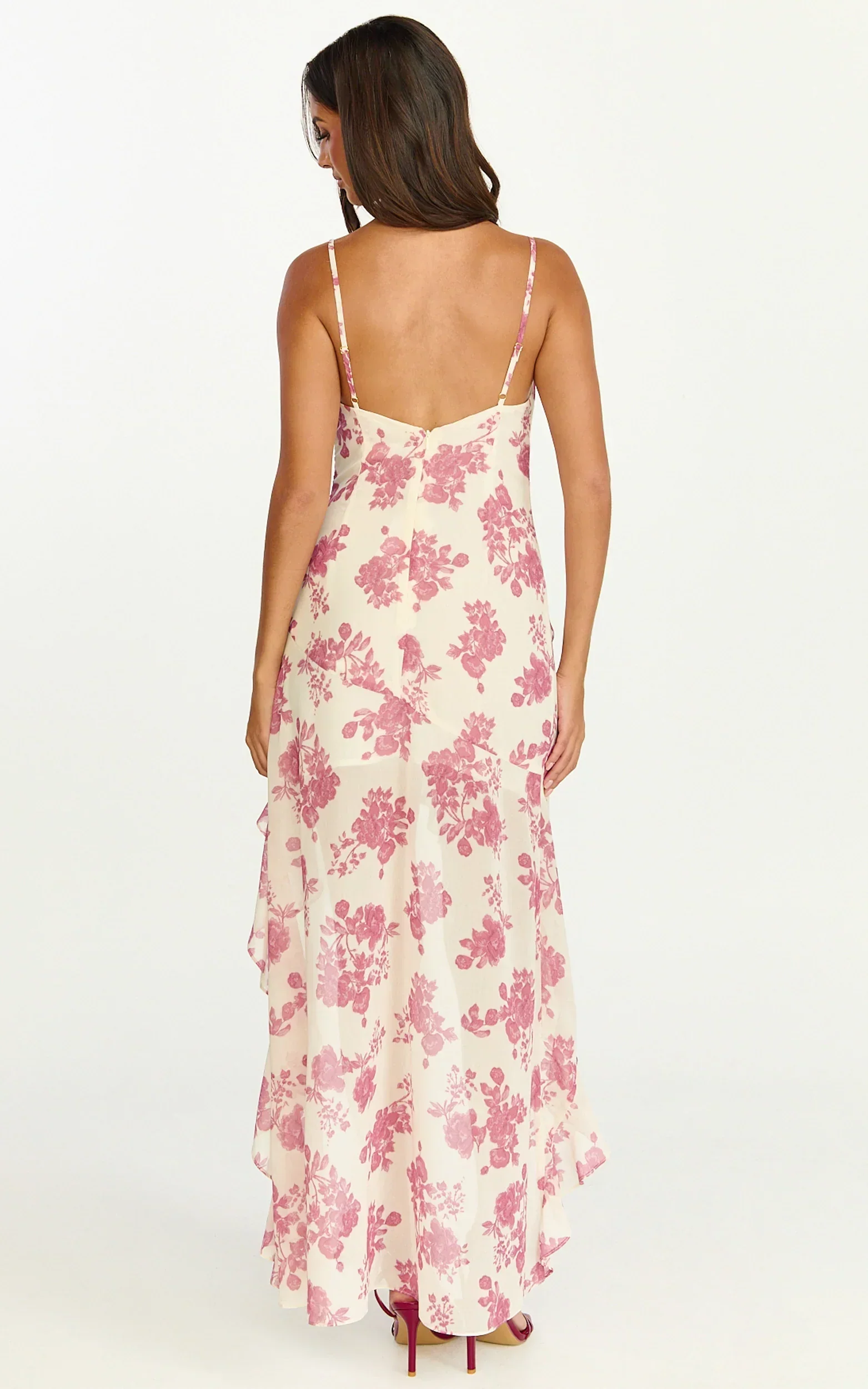 Lila Maxi Dress - Cowl Neck Asymmetric Frill Skirt Dress in Toile De Joie Print