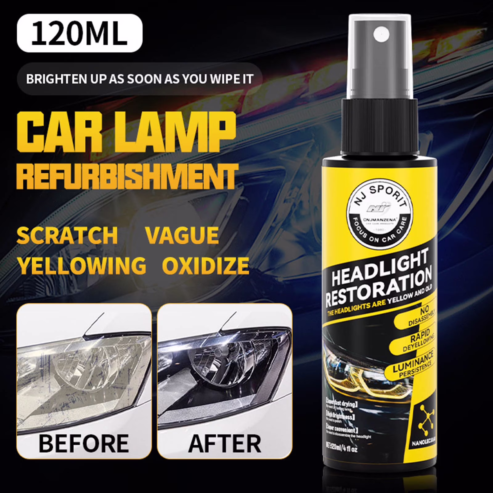 VALSEEL Car Headlight Restoration Spray, Headlight Restorer Liquid Spray, Headlamp Brightener Car Care Repair Kit, UVResistant & Effective Headlight Coating Spray 120ML Cleaning Supplies