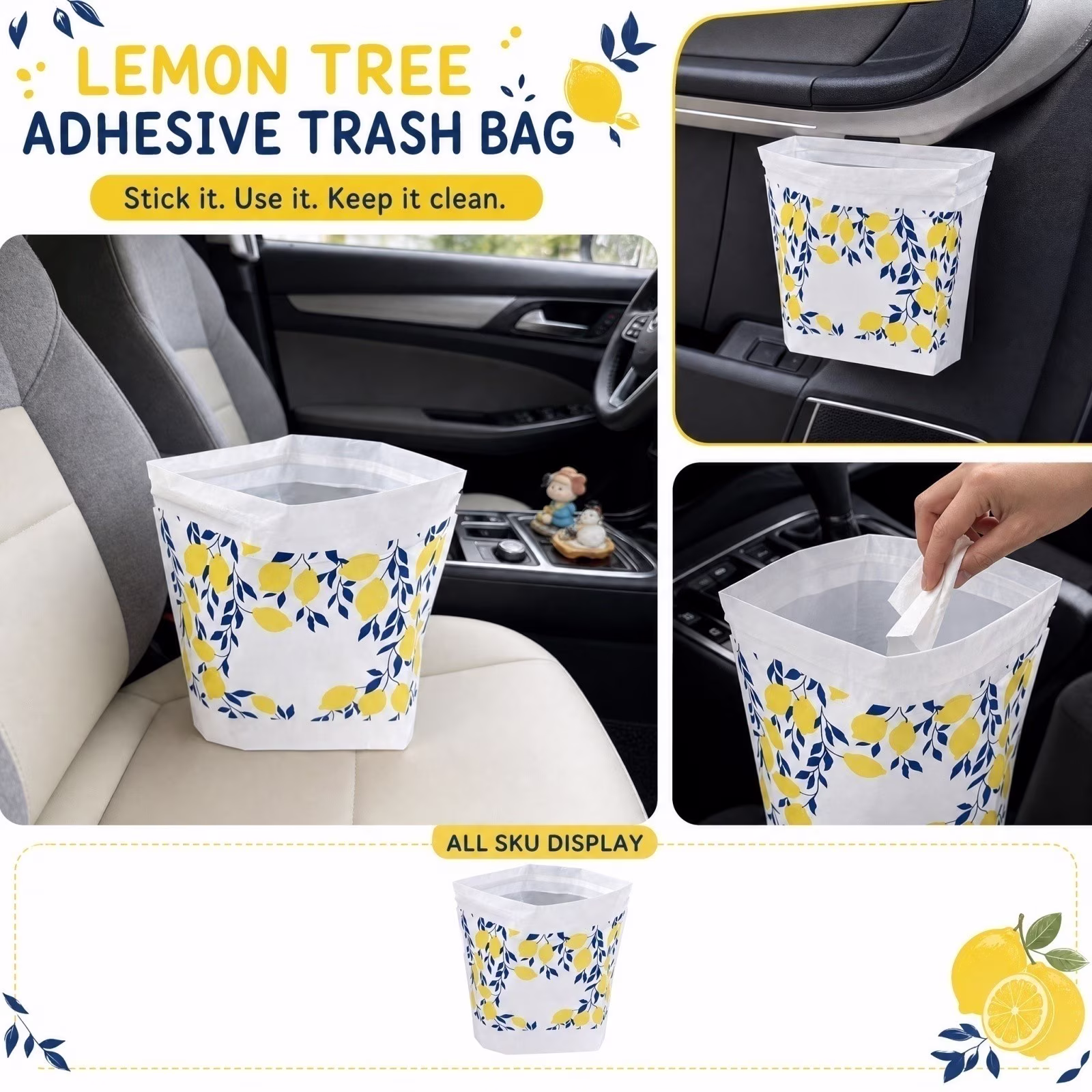 Lemon Tree Print Adhesive Car Trash Bags, Disposable Desktop Small Garbage Can Liners, Stand-Up Vertical Hanging Portable Waste Bag for Auto or Dorm