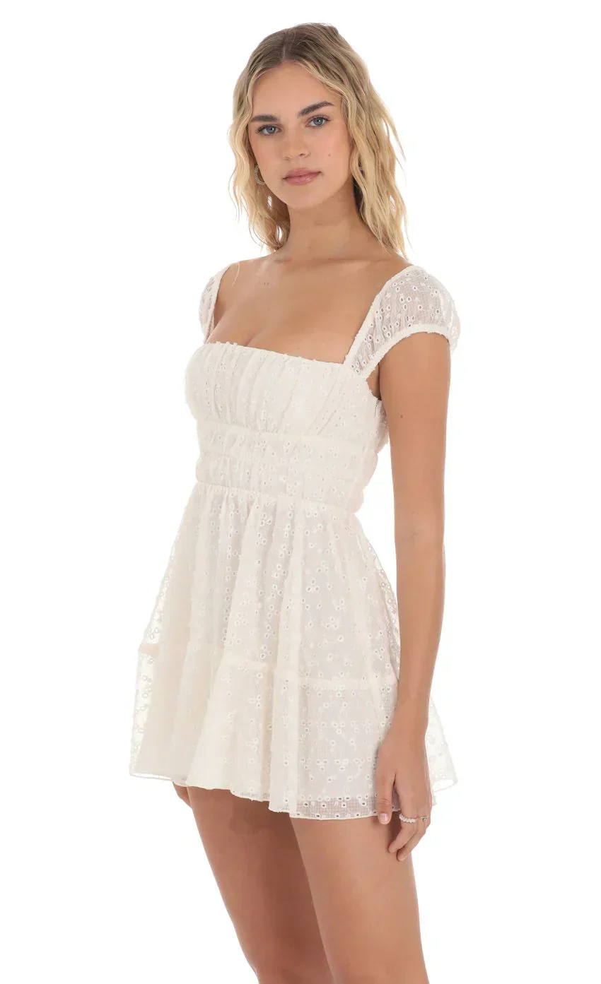 Chiffon Eyelet Cap Sleeve Dress in Cream