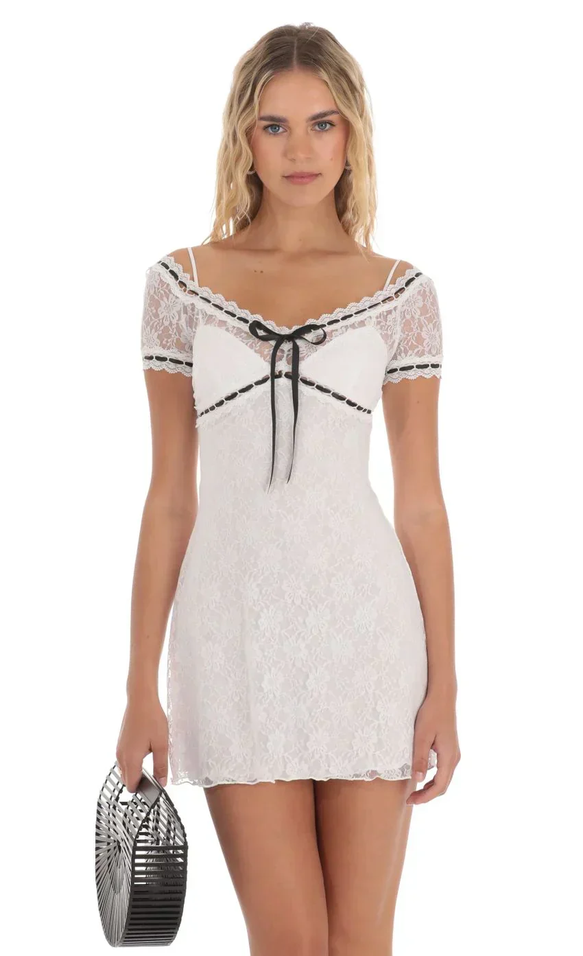 Black Ribbon Lace Dress in White