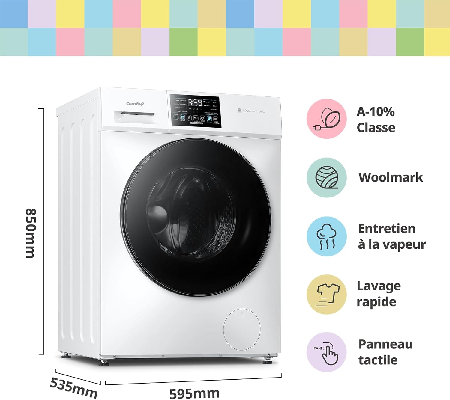 Lave linge autonome CFP03EW100W-FR 10 kg classe A-10% soin vapeur moteur BLDC Woolmark panneau tactile blanc