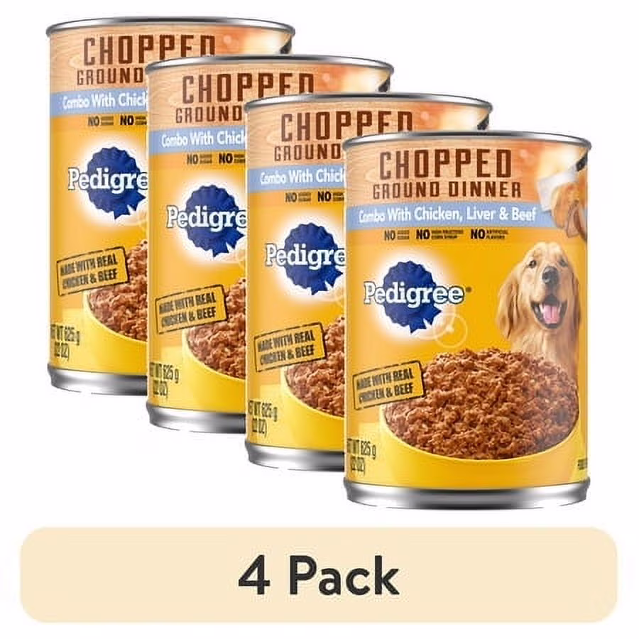 (4 pack) Pedigree Chopped Ground Dinner Chicken, Liver & Beef Adult Soft Wet Dog Food, (12) 22 oz Cans