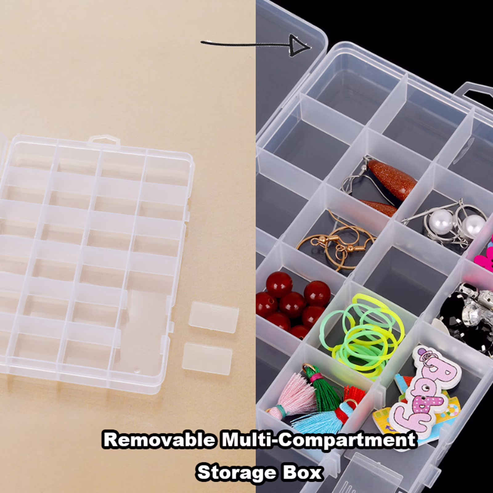 JeashCHAT Tackle Box , Fishing Tackle Boxes & Bait Storage, Clear Plastic Box with Removable Dividers, 24 Compartments - Jewelry Organizer, Bead Organizer