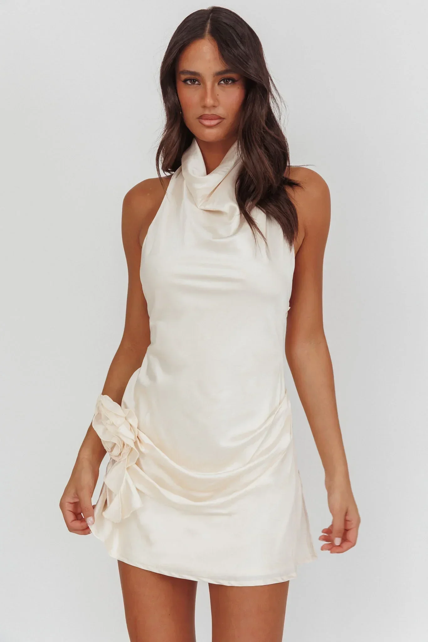 Elarah High Cowl Halterneck Mini Dress Pearl