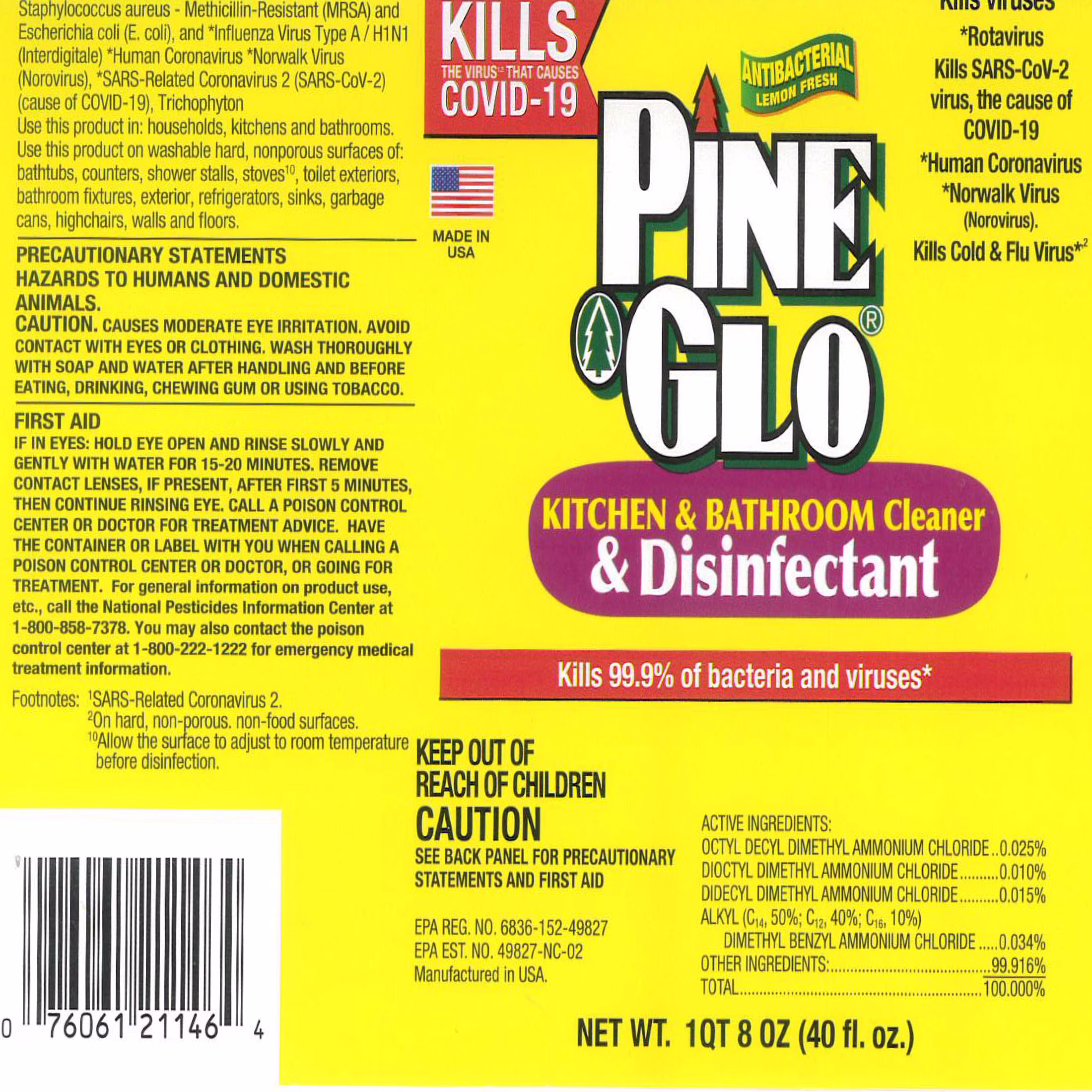 Pine Glo Kitchen & Bath Household Cleaner, Lemon, 40 oz