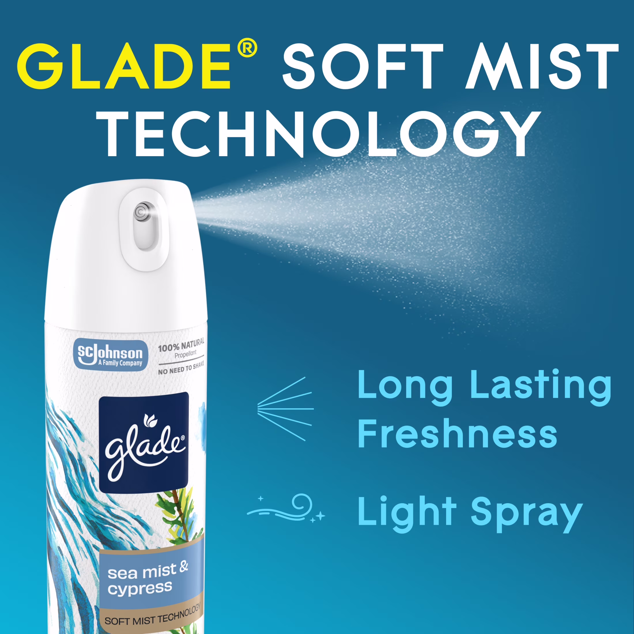 Glade® Soft Mist Odor Fighting Aerosol Air Freshener, Sea Mist & Cypress, 7.3oz, 1 Count