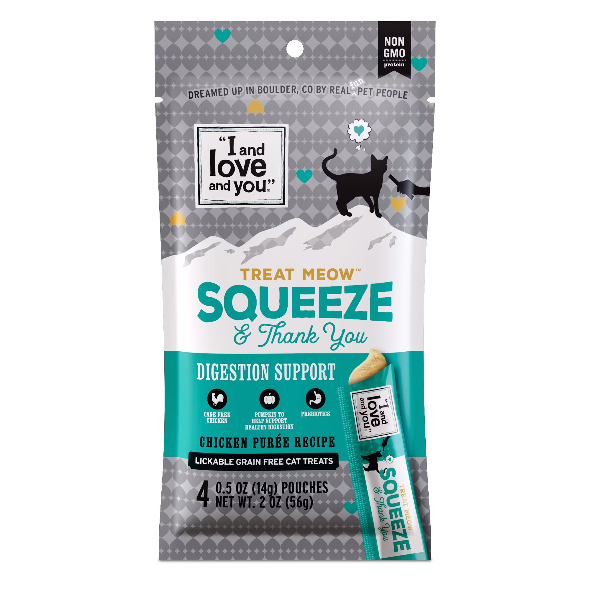"I and love and you" Treat Meow Squeeze & Thank You Treat, Digestion Support Chicken Purée, 4 Ct.