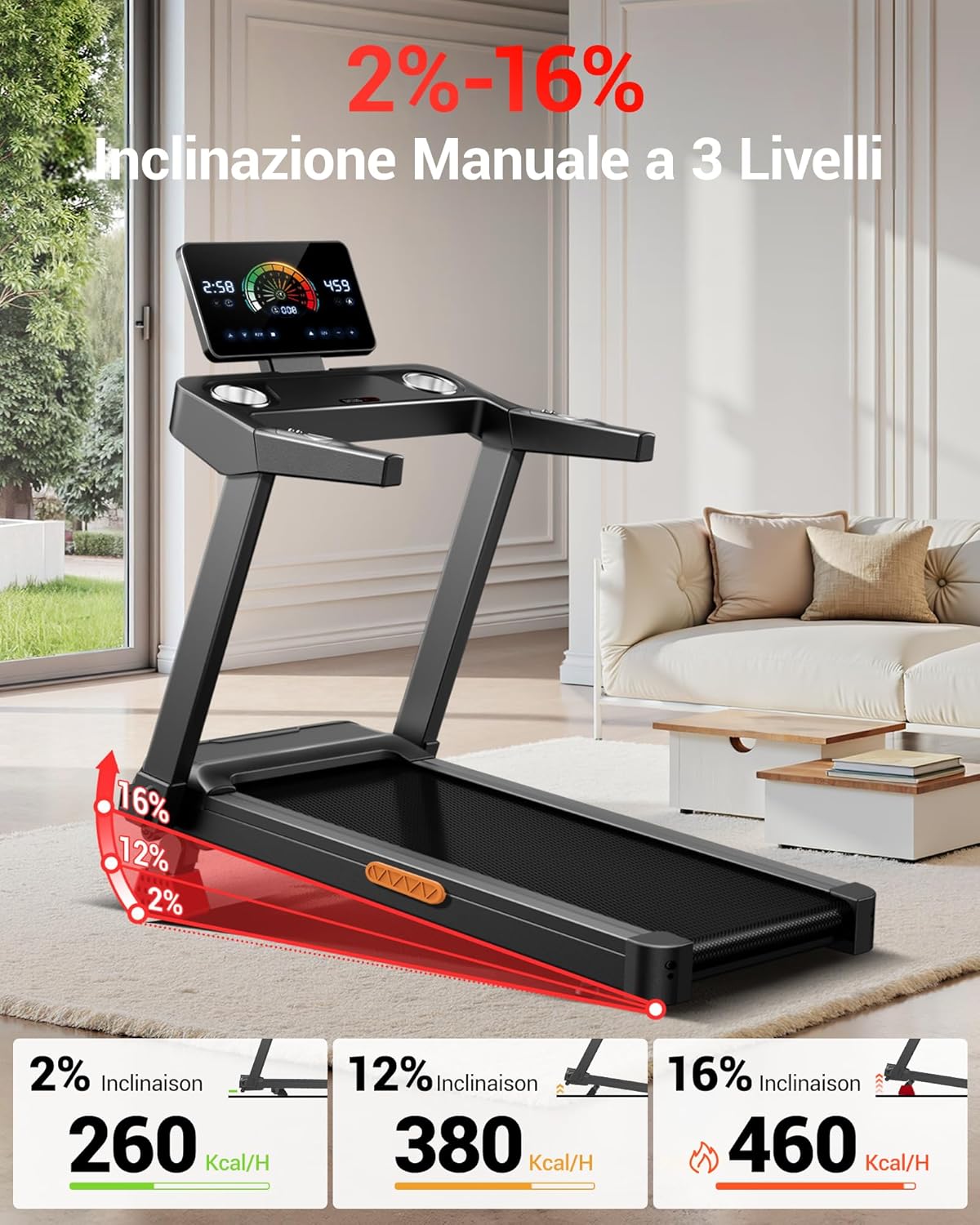Tapis de course inclinable 16% 14 km/h pliable fréquence cardiaque moteur 35 CV LED charge 180 kg