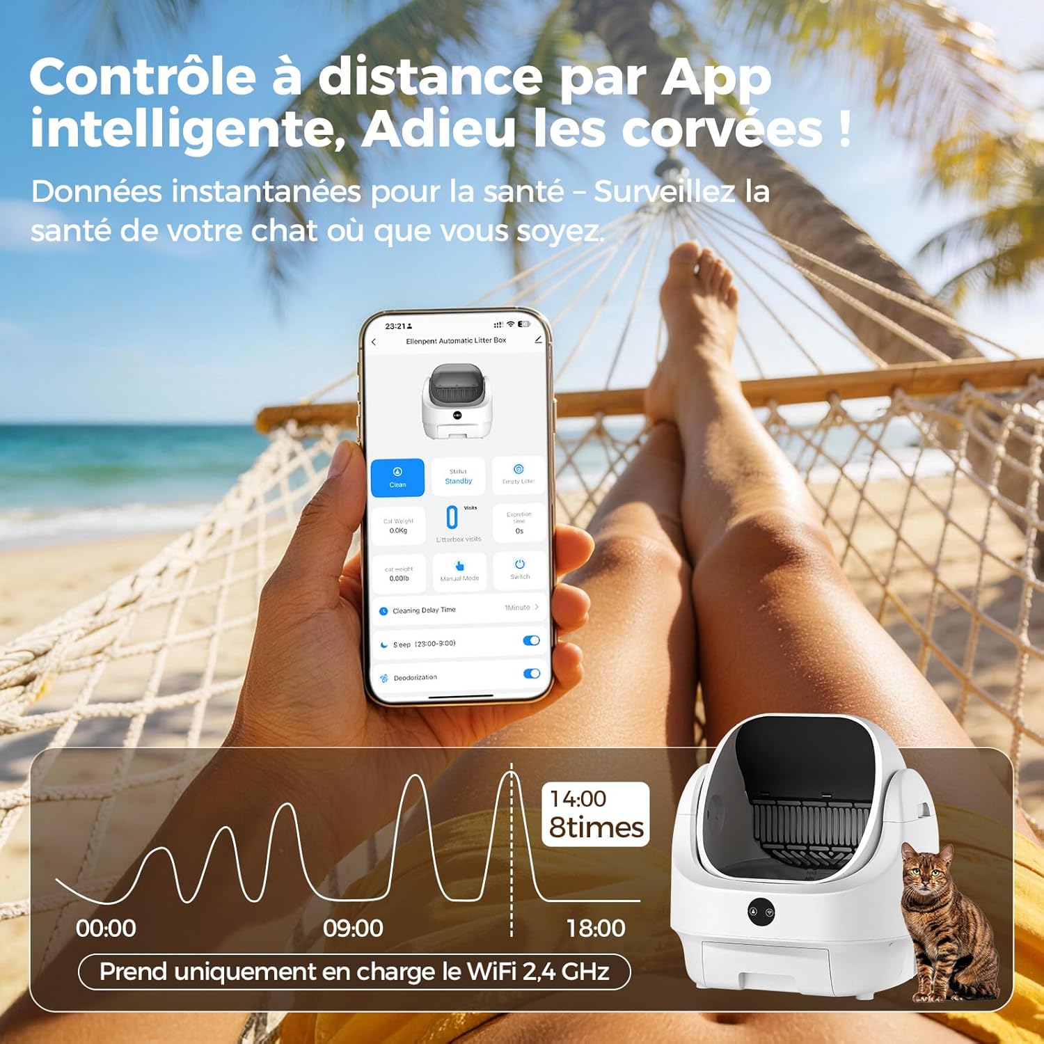 Litière chat autonettoyante ouverte grande capacité contrôle app sécurité anti odeur multi chats