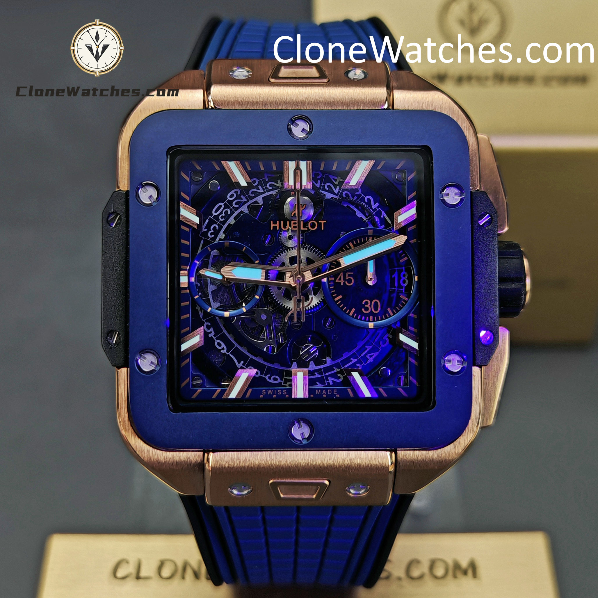 Hublot Super Clone Watches 1:1 Square Bang Unico King Gold Blue Ceramic 42MM 821.OL.5180.RX