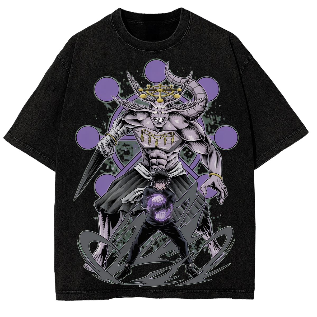 Retro Manga Streetwear Jujutsu Kaisen Megumi Fushiguro Vs Mahoraga Anime Washed T Shirt