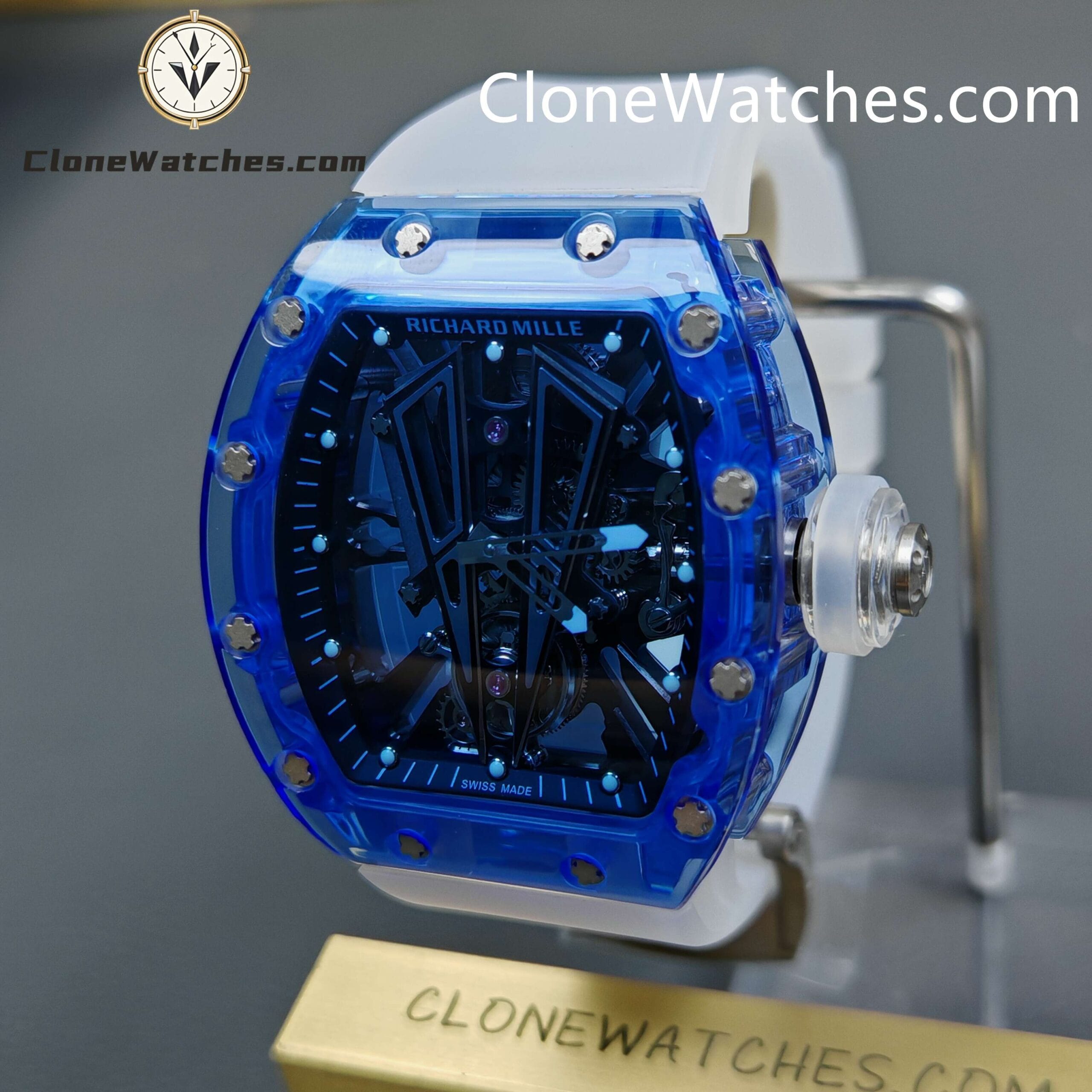Richard Mille Super Clone Watches 1:1 RM 027 – 03 Blue Crystal Full Transparent Tourbillon White Strap