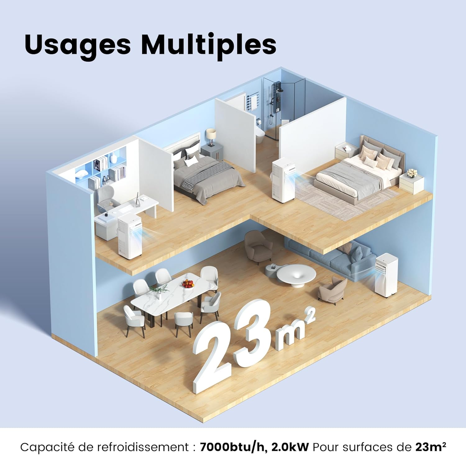 Climatiseur mobile 7000 BTU 2kW contrôle app 3 modes 3 vitesses minuterie 24h pièces 23m² Breezy Cool 20