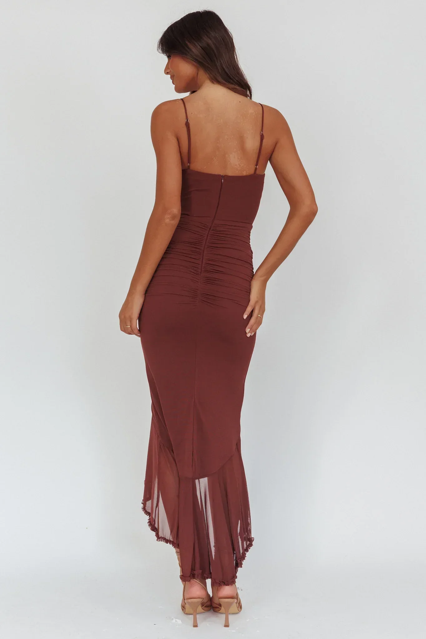 Kamilah Gathered Cascading Ruffle Midi Dress Maroon