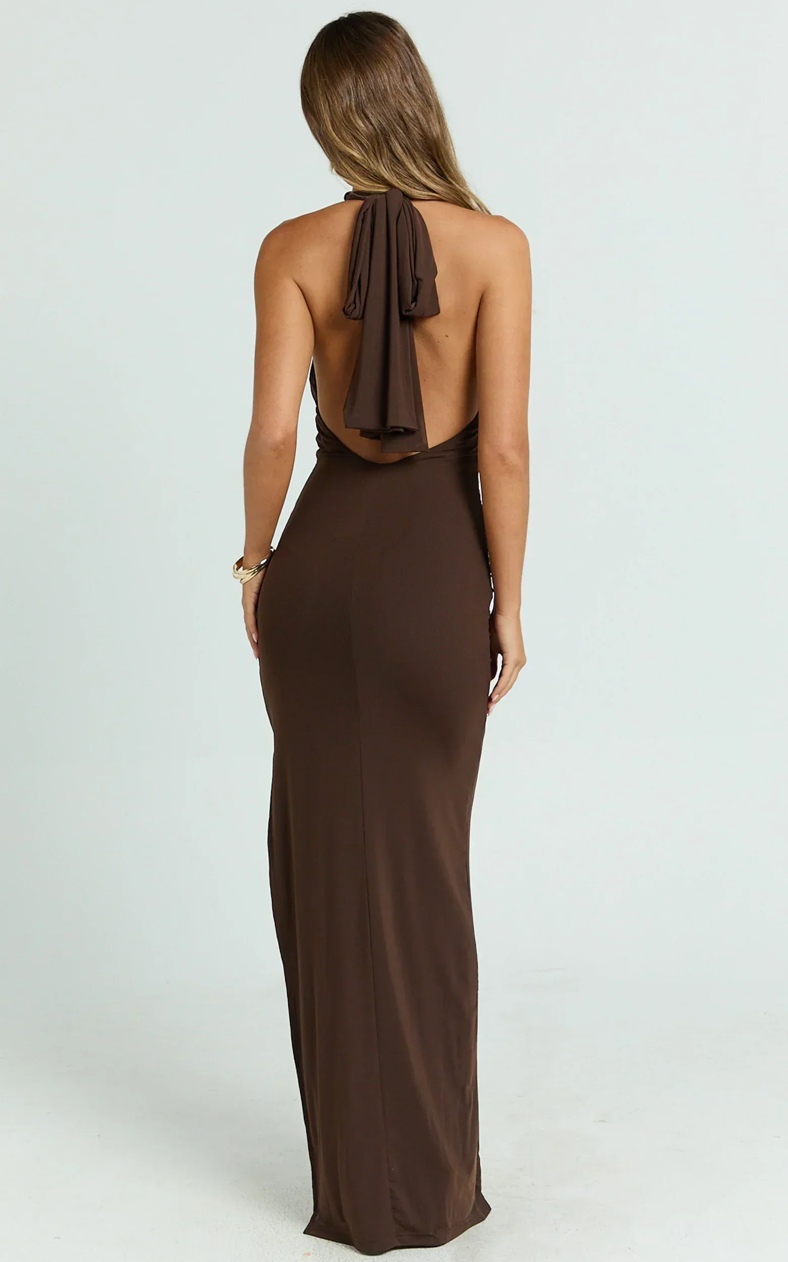 Francis Maxi Dress - Halter Ruched Backless Dress in Dark Chocolate