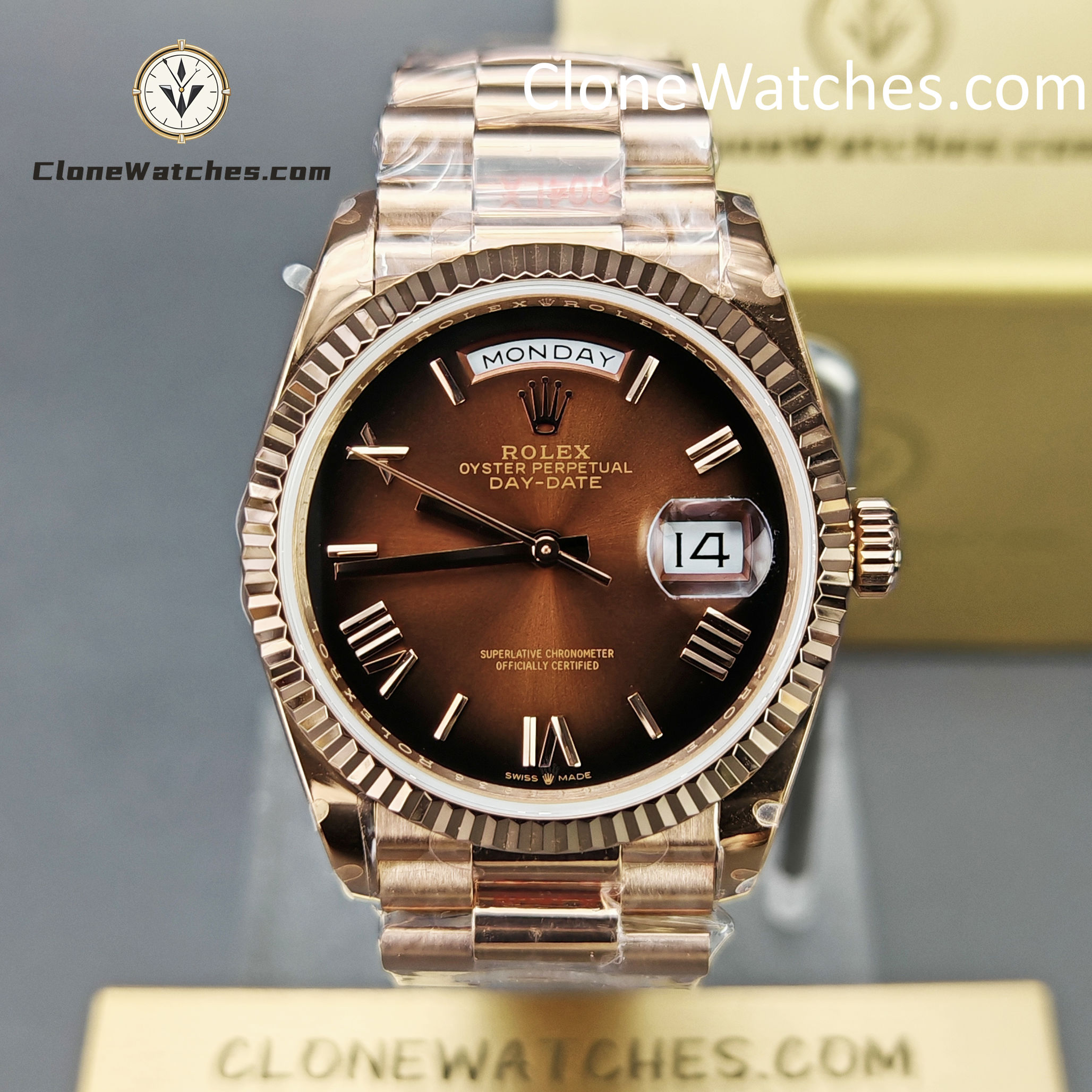 Rolex Super Clone Watches 1:1 Day Date Rose Gold Brown Roman Dial 36mm m128235-0075 3255 Movement