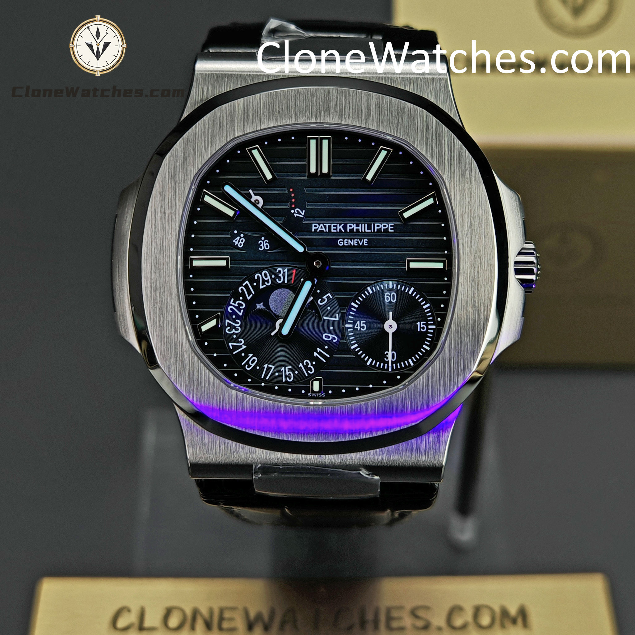 Patek Philippe Super Clone Watches 1:1 Nautilus 5712 Blue Dial Black Leather Strap