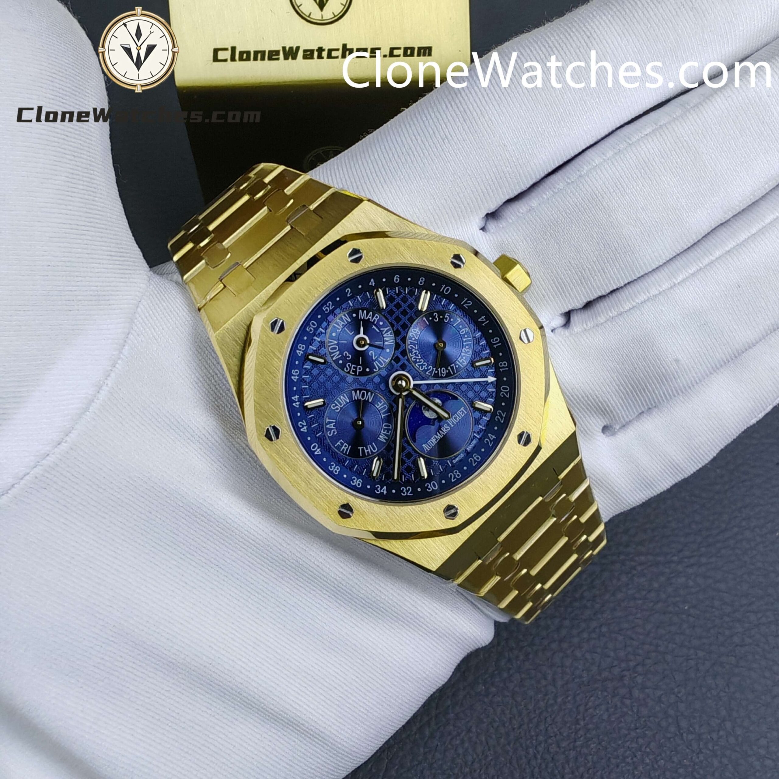 Audemars Piguet Super Clone Watches 1:1 Royal Oak Perpetual Calendar 18K Gold Plated Blue Dial 26574BA 41MM