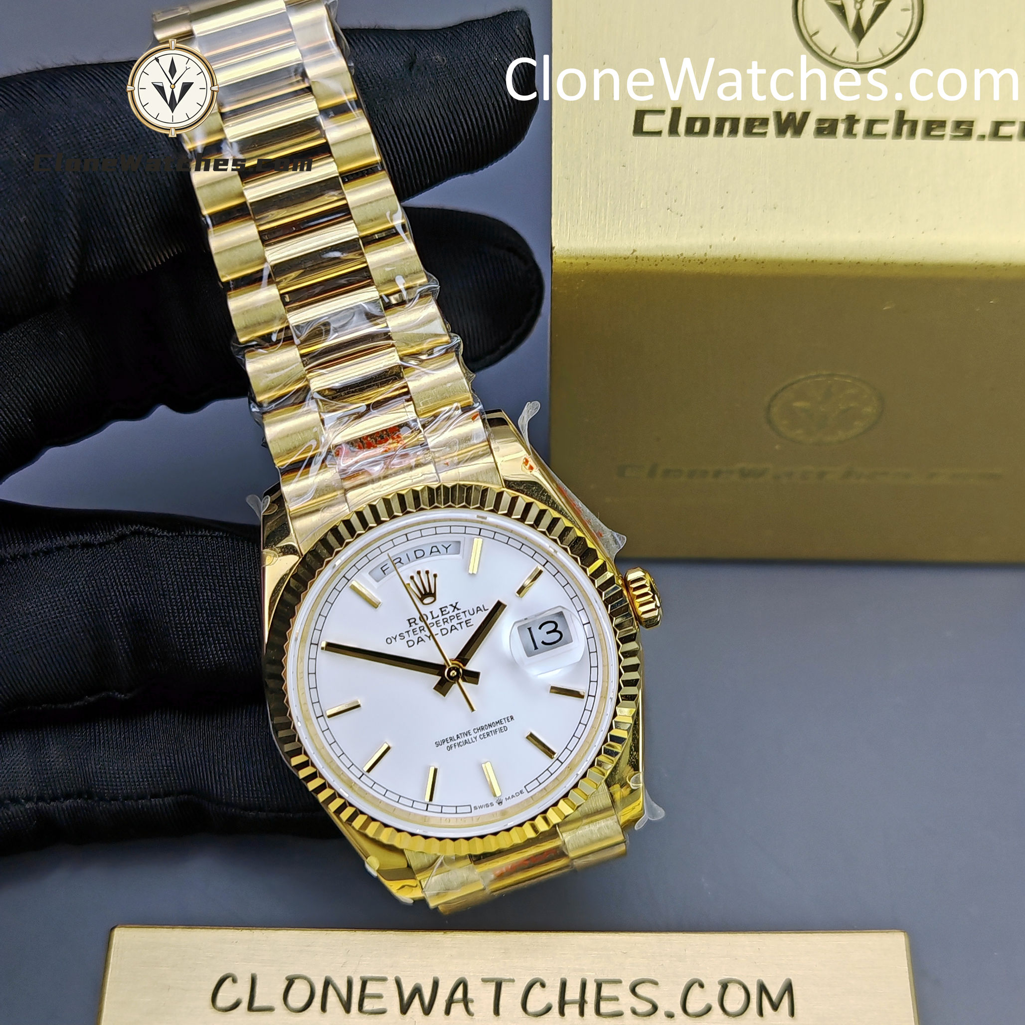 Rolex Super Clone Watches 1:1 Day Date 18K Gold White Dial 36mm m128238-0081 3255 Movement