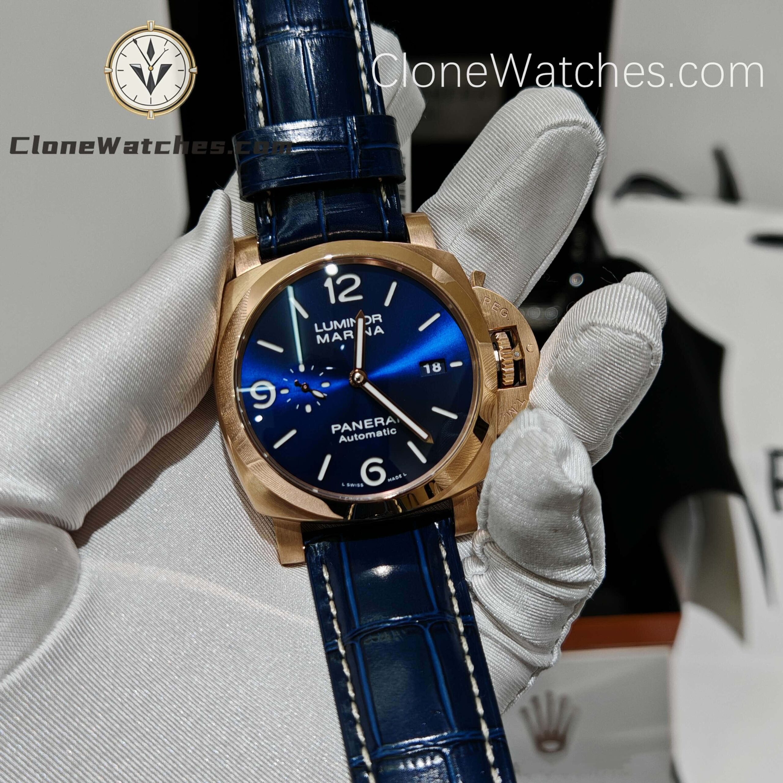 Panerai Super Clone Watches 1:1 18K Rose Gold Blue Dial Luminor Marina GoldtechTM PAM1112