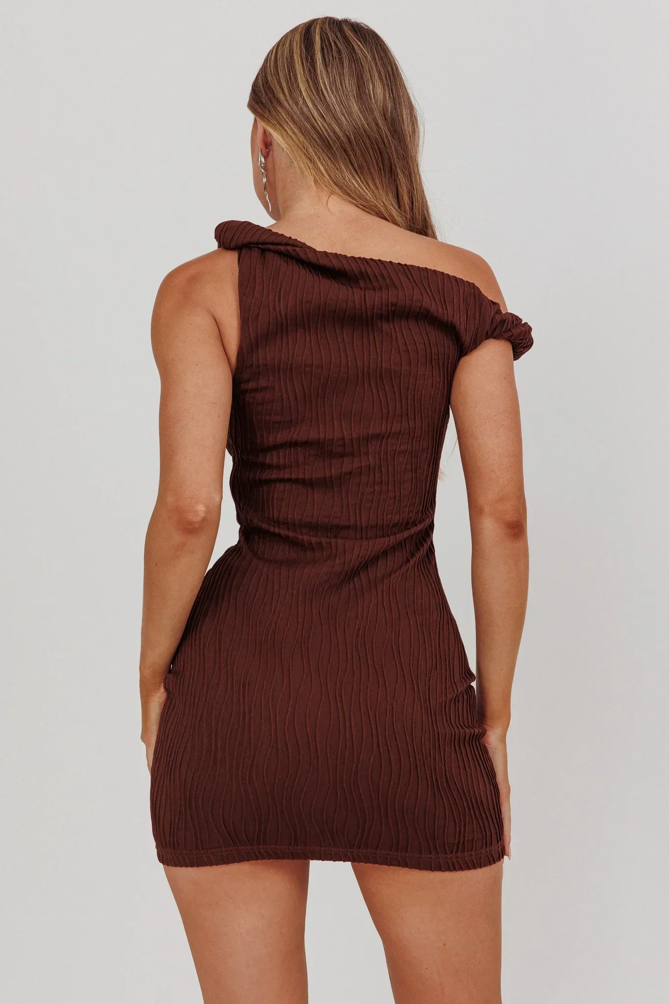Lingering Love One-Shoulder Mini Dress Brown