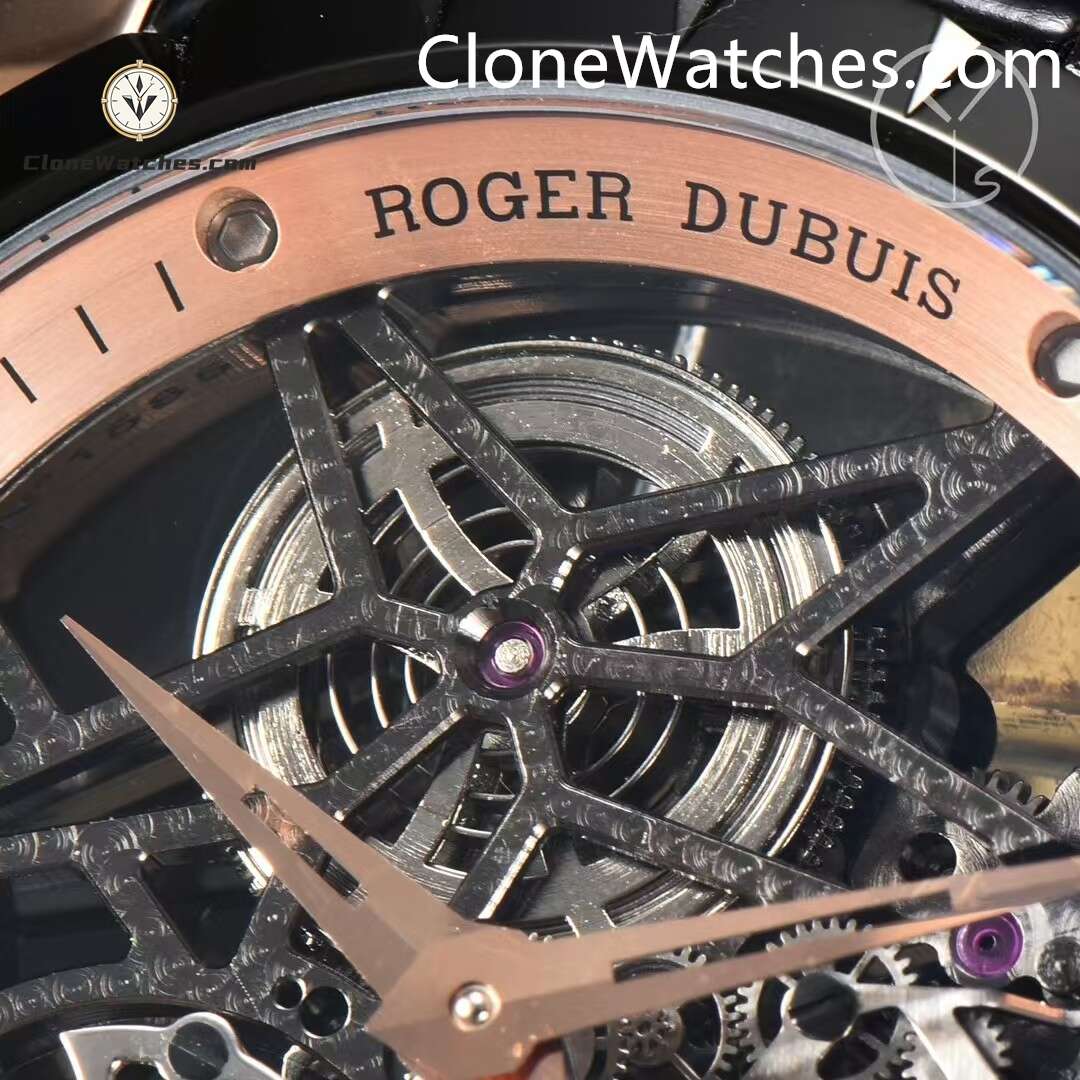 Roger Dubuis Super Clone Watches 1:1 Excalibur Rose Gold Skeleton Double Flying Tourbillon RDDBEX0397 45MM