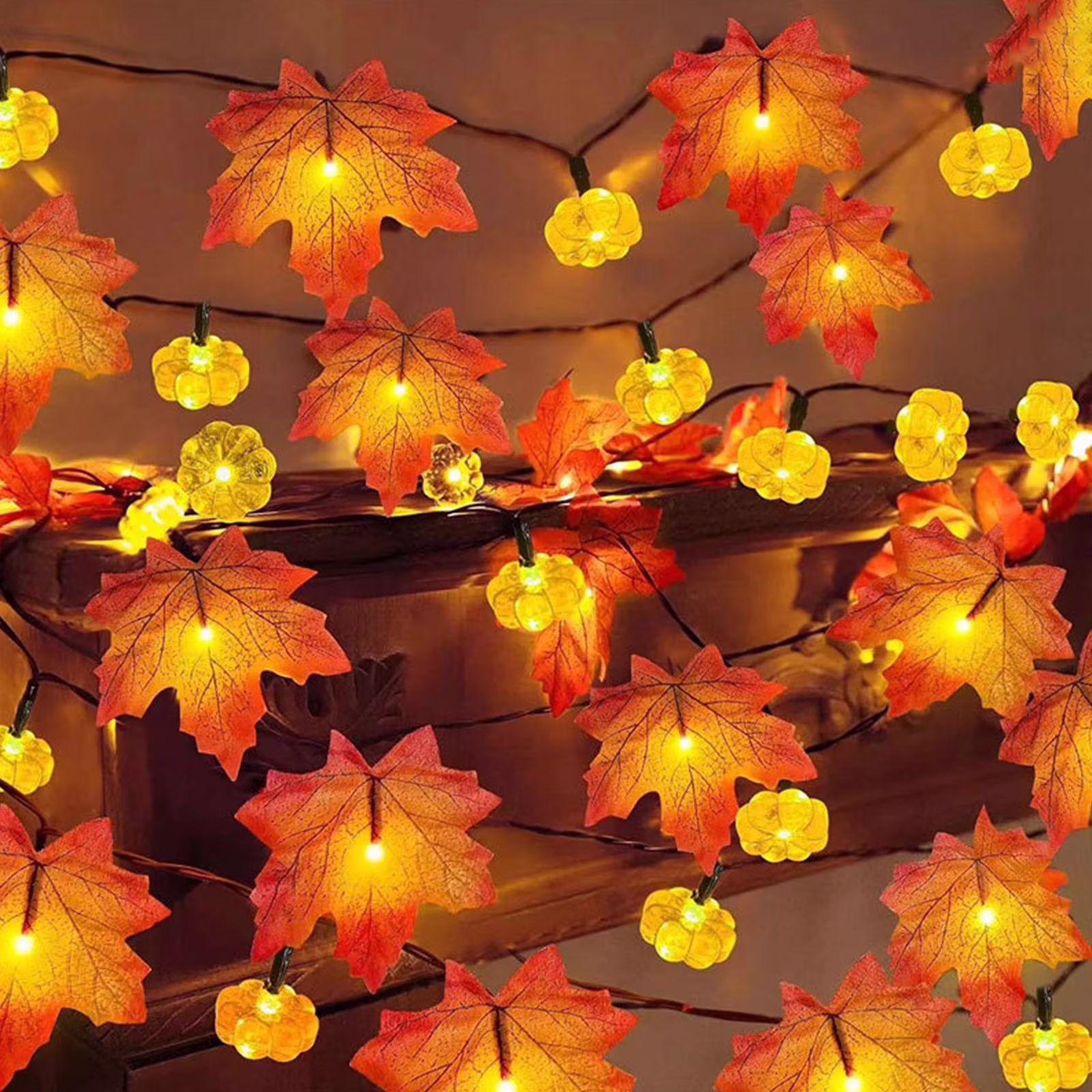 LHNFT Fall Decor with Pumpkin Lights, Fall Decorations for Home, 59 Inch 10 LED Battery Operated Fall Maples Leaves Garland String Light for Porch Indoor Outdoor Thanksgiving Halloween Decor