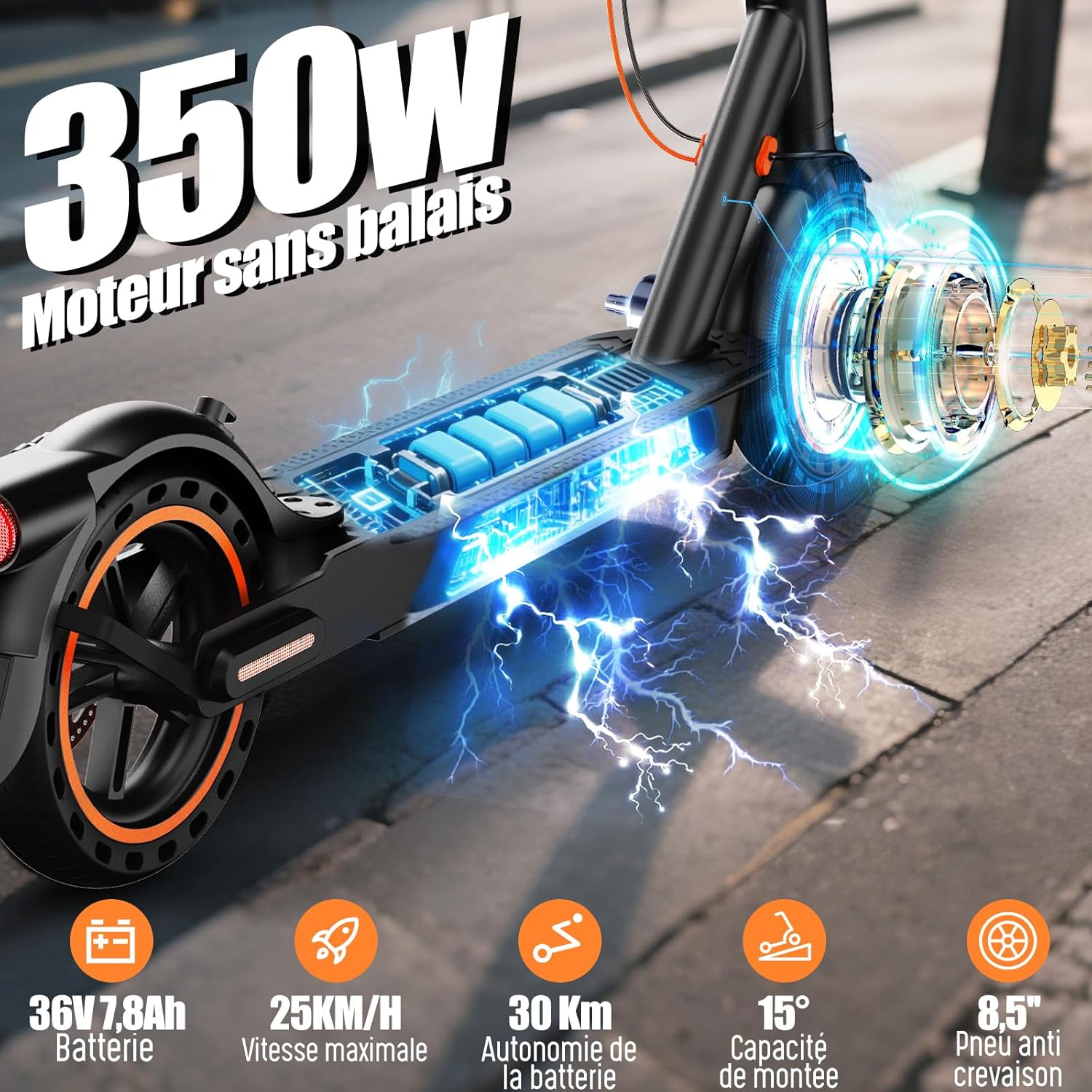 Trottinette électrique adulte 350 W 25 km h autonomie 35 km pneus increvables