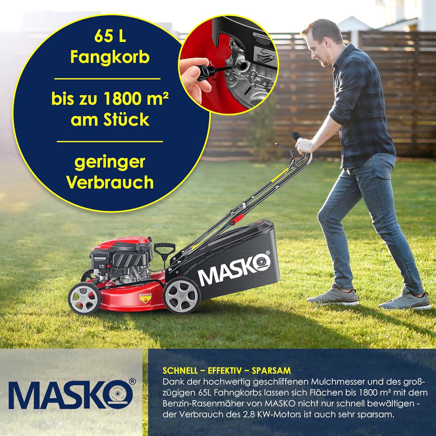 Tondeuse essence 5 en 1 roue motrice largeur coupe 51 cm mulching éjection latérale hauteur réglable