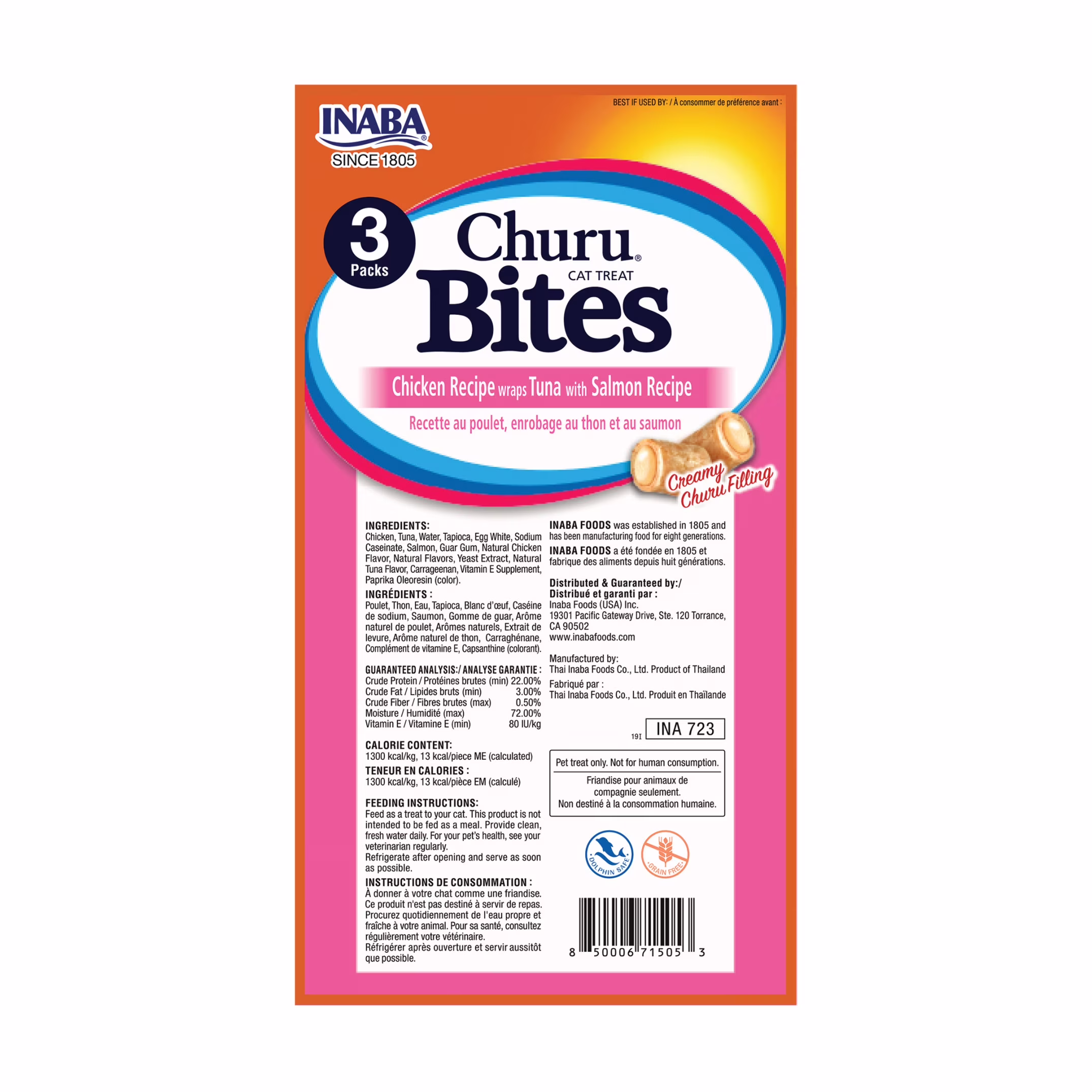 INABA Churu Bites for Cats, Grain-Free, Soft/Chewy Baked Chicken Wrapped Cat Treats with Savory Churu Centers, 0.35 Ounces Each Tube, 3 Tubes, Tuna with Salmon Recipe