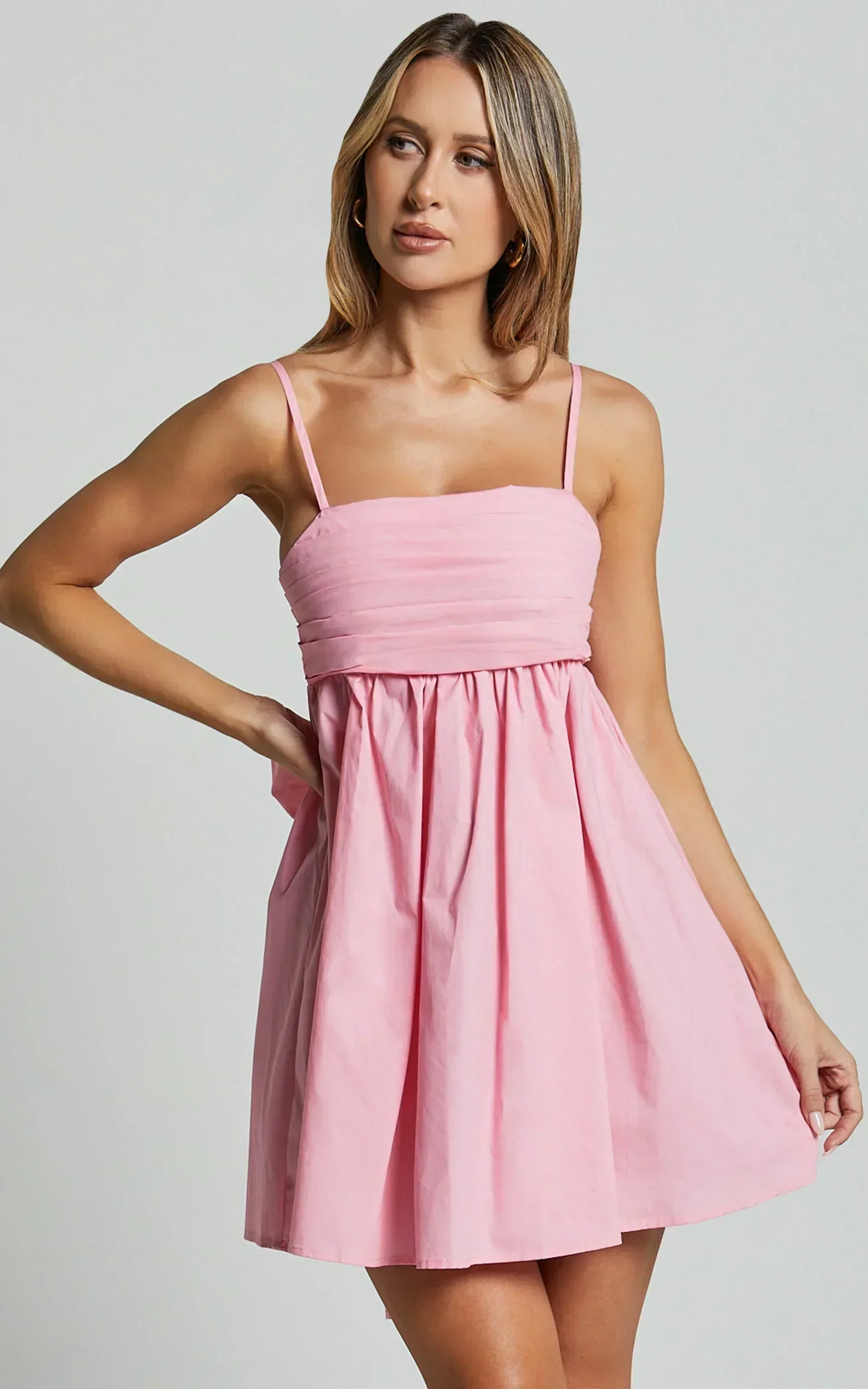 Clover Mini Dress Back Bow Babydoll Dress in Pink