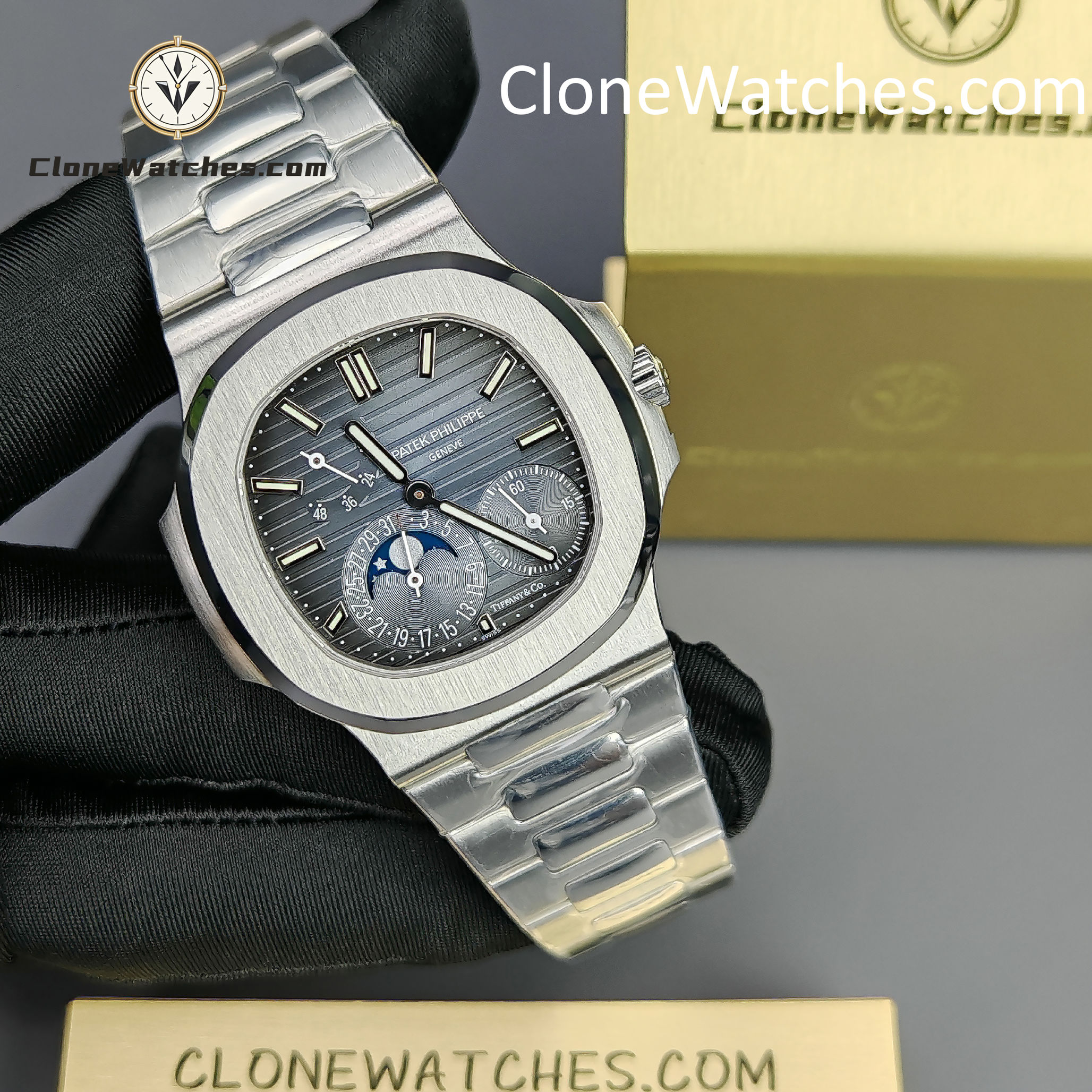 Patek Philippe Super Clone Watches 1:1 Nautilus Moon Phase 5712 Tiffany & Co Blue Dial New Clasp