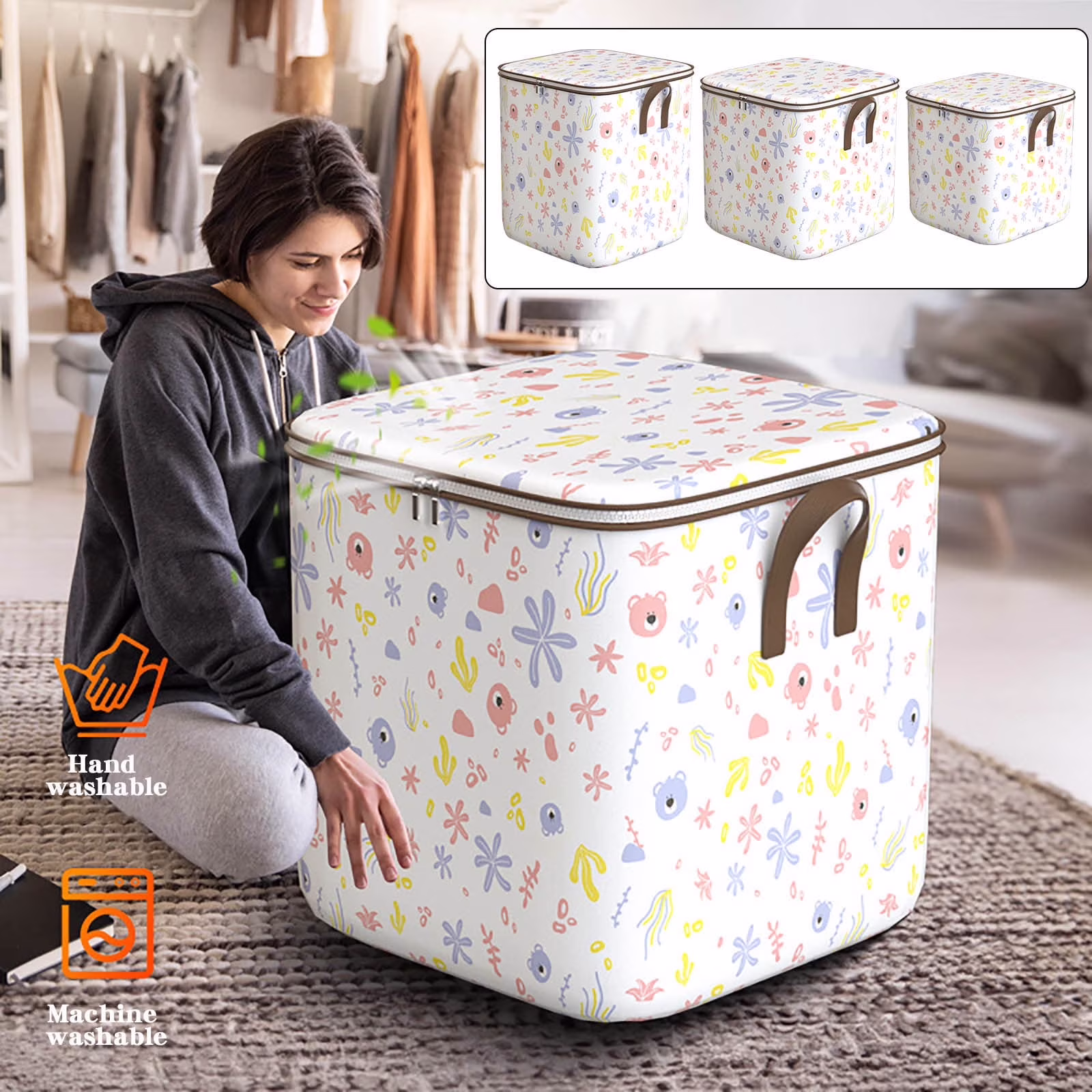 Wanfds Laundry Hamper Large Collapsible Laundry Baskets, Freestanding Waterproof Clothes Hamper Storage Basket with Easy Carry Extended Handles for Clothes Laundry Room Bedroom College Dorm(Xl)