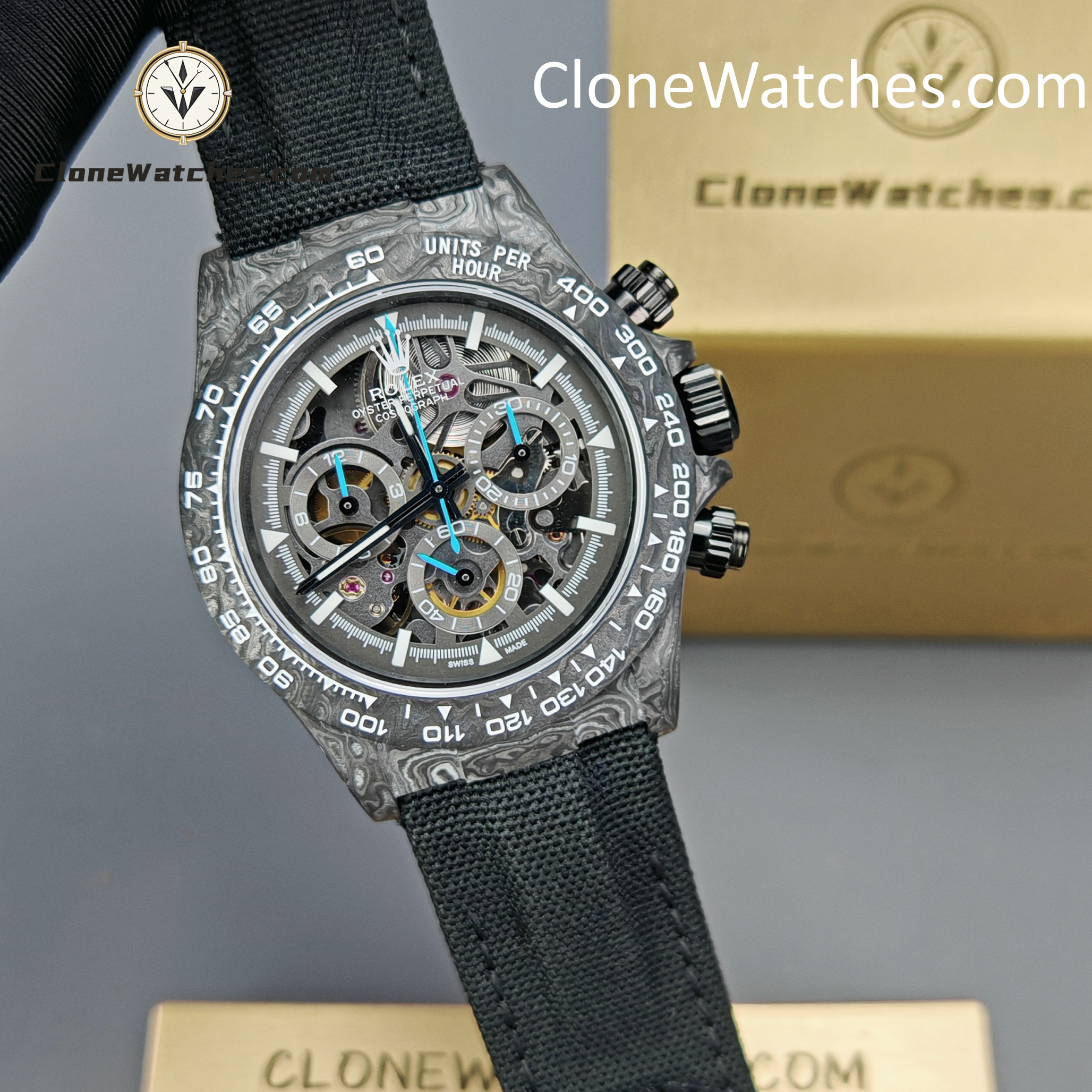 Rolex Super Clone Watches 1:1 Skeleton Daytona Carbon NTPT DIW 4130 Movement