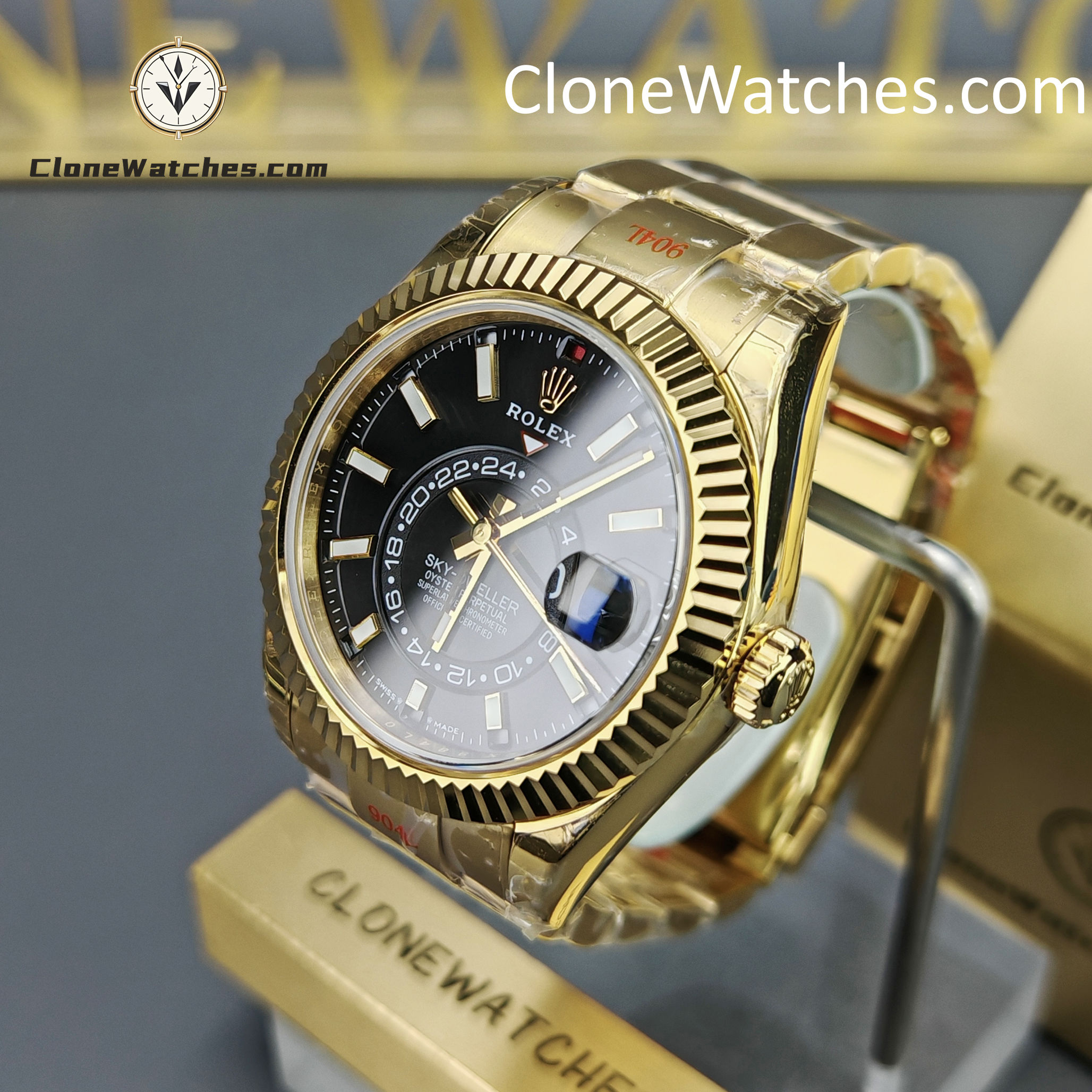 Rolex Super Clone Watches 1:1 Sky Dweller Yellow Gold Black Dial Oyster M336938-0002 9002 Movement