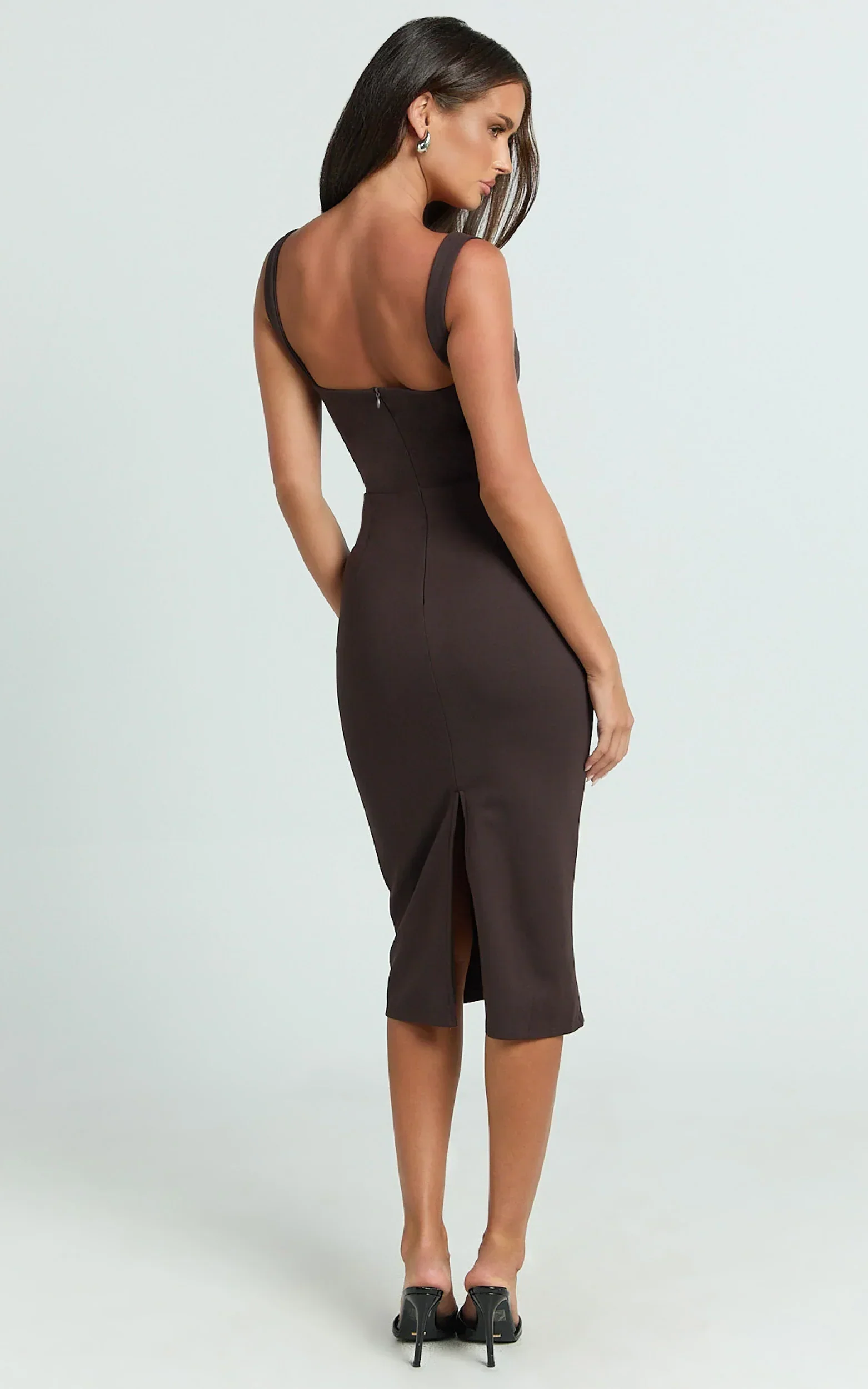 Tiffy Midi Dress - Square Neck Ruched Bodycon Dress in Chocolate
