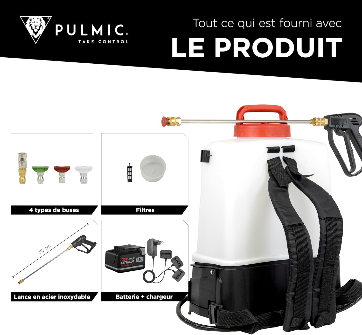 Pulvérisateur électrique toiture 7 bars batterie 25V lance inox 4 buses autonomie 35h 15L