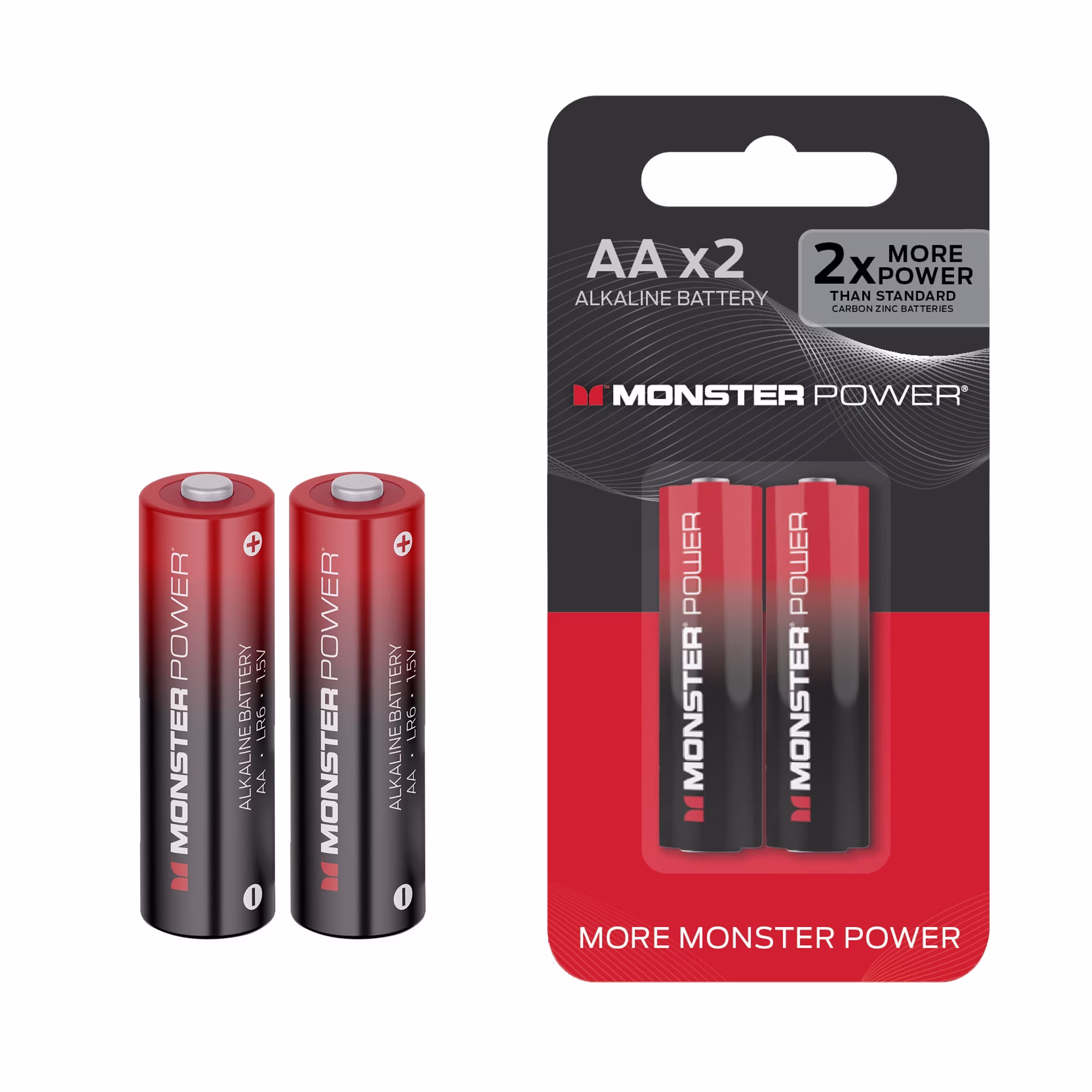 Monster Power AA Alkaline Batteries 2 Pack, 1.5V LR6 Double A Battery, Long-Lasting Leak-Resistant Power for Remotes, Toys, Flashlights & Household Devices