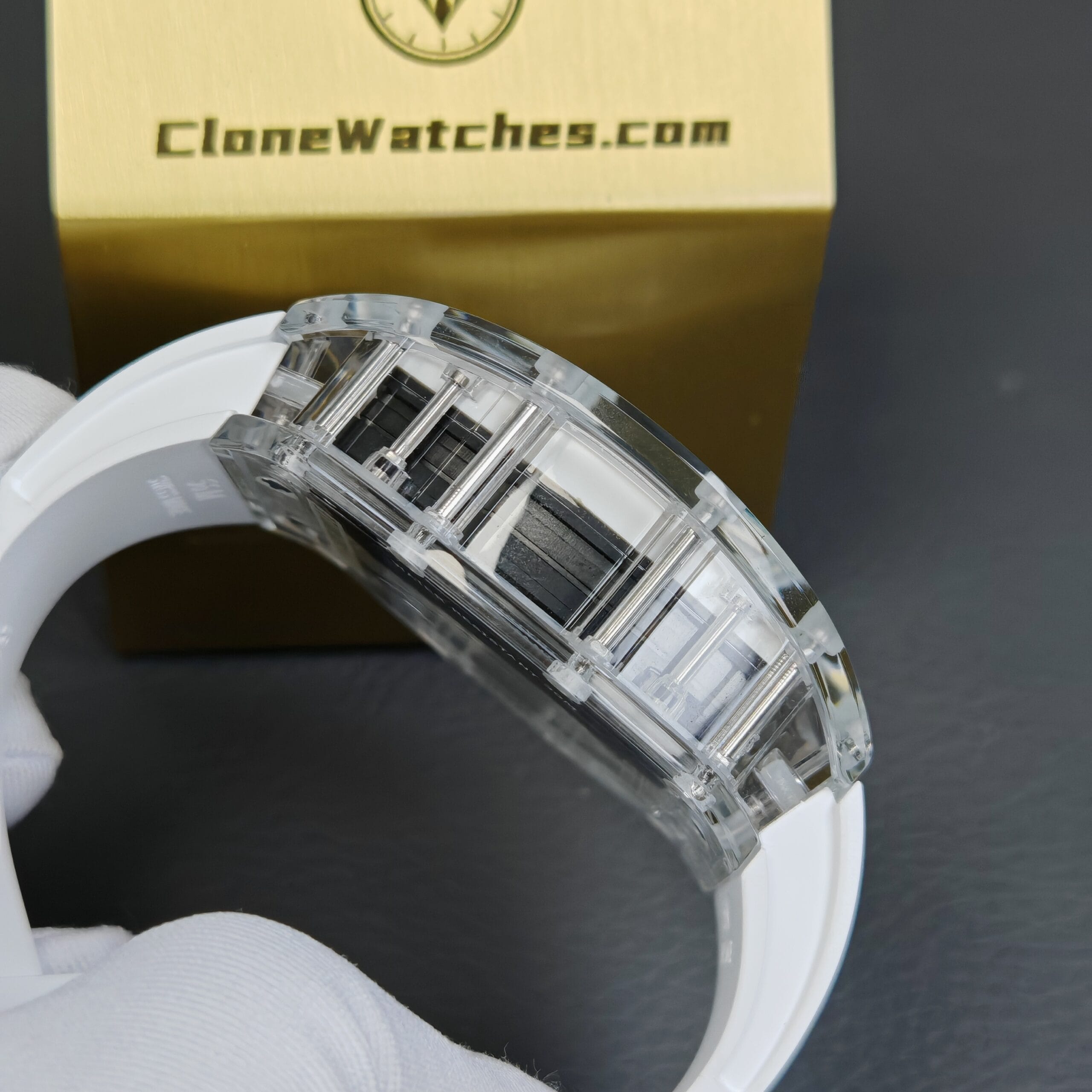Richard Mille Super Clone Watches 1:1 RM 055 Full Transparent Tourbillon White Strap