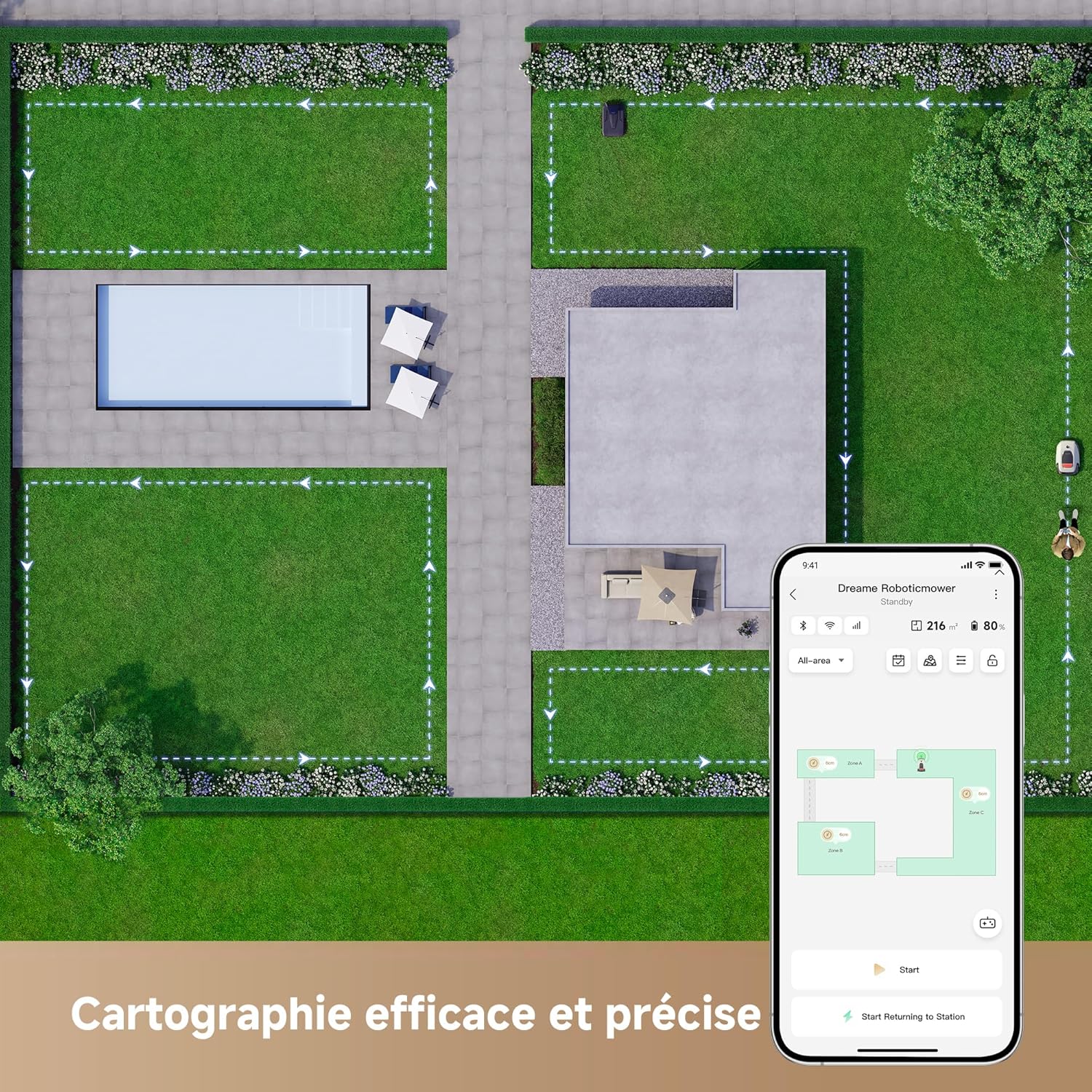 Robot tondeuse 360° LiDAR recommandé 2000 m² gestion zones via appli