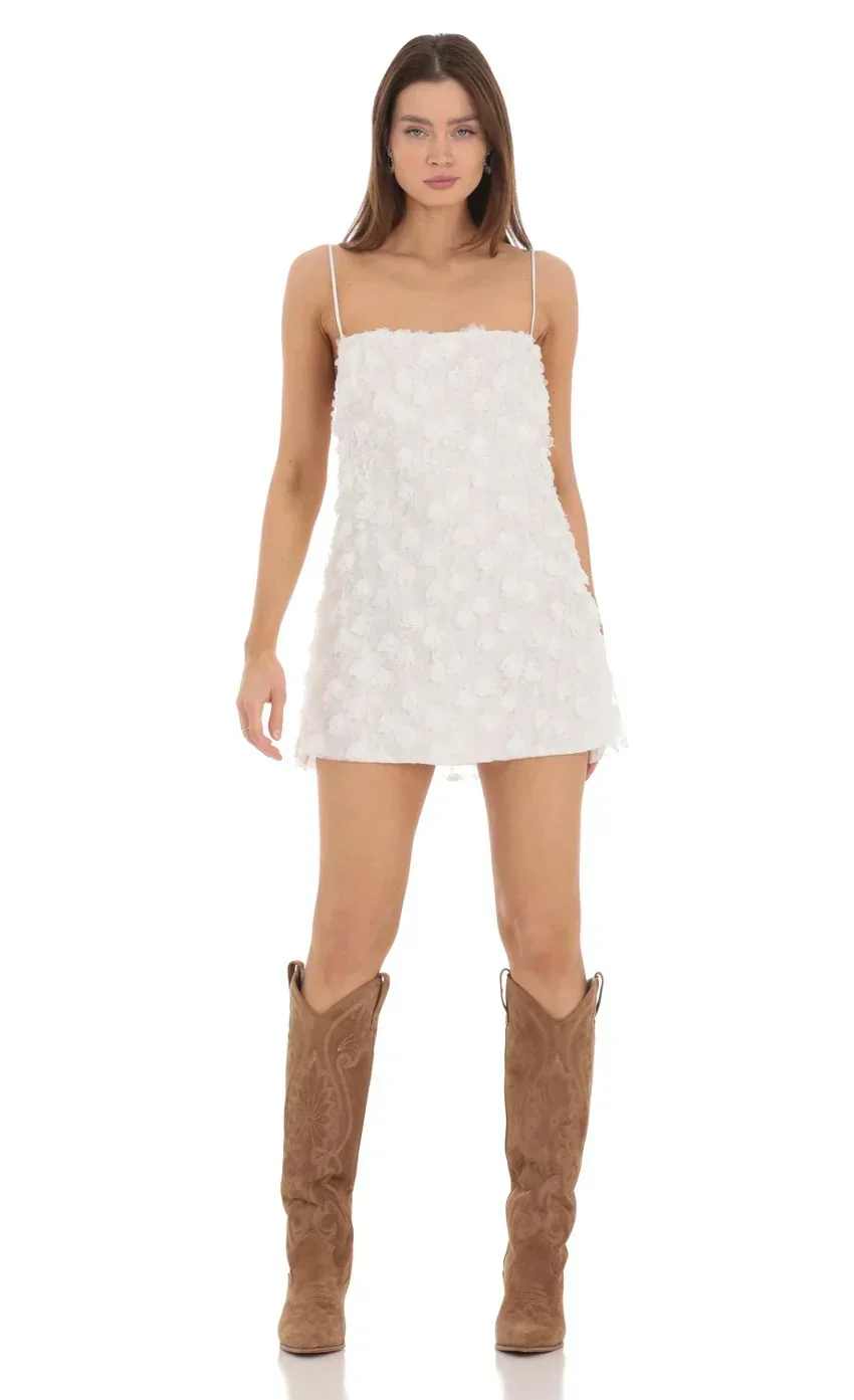 3D Floral Shift Dress in White