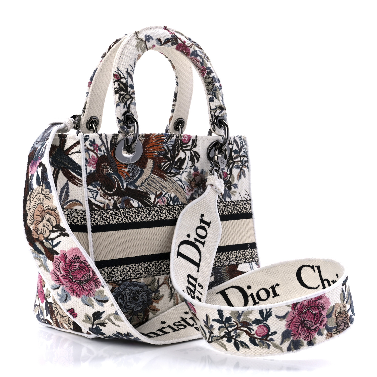 CHRISTIAN DIOR Canvas Embroidered Jardin D-Hive Medium Lady D-Lite Ecru Multicolor