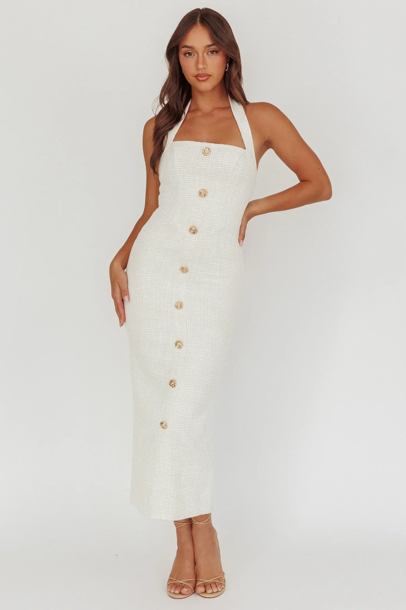 She Is Button Front Halter Midi Dress Tweed White