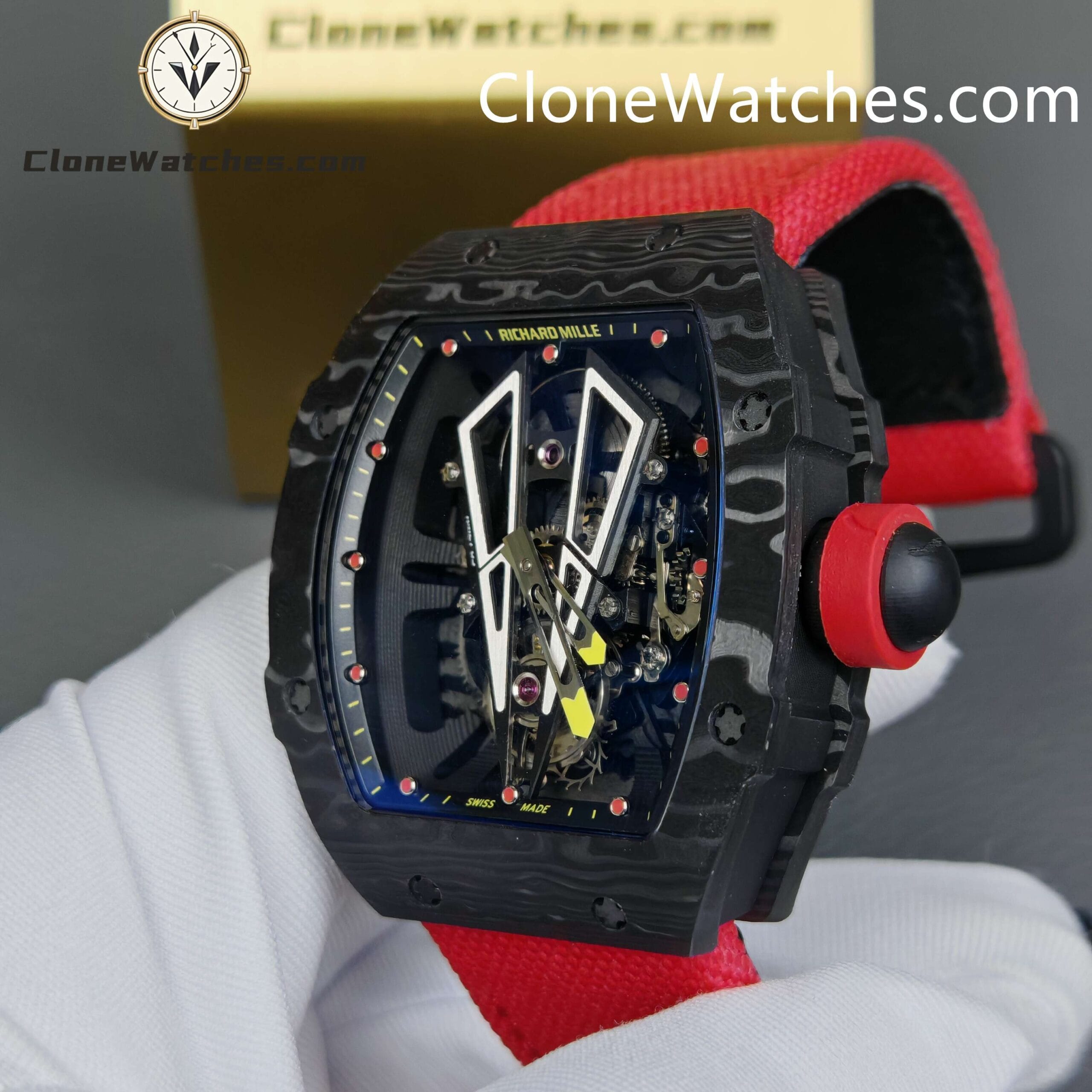 Richard Mille Super Clone Watches 1:1 RM 027 – 03 Carbon Tourbillon Red Strap