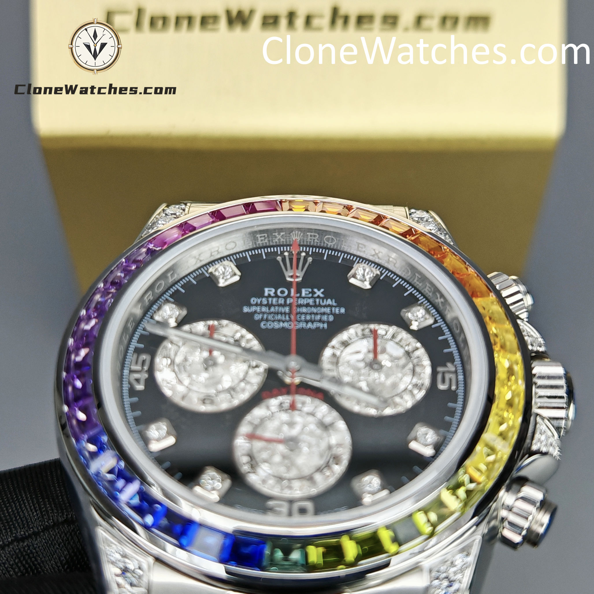 Rolex Super Clone Watches 1:1 Daytona 116599RBOW Rainbow Black Diamonds Dial 4130 Movement
