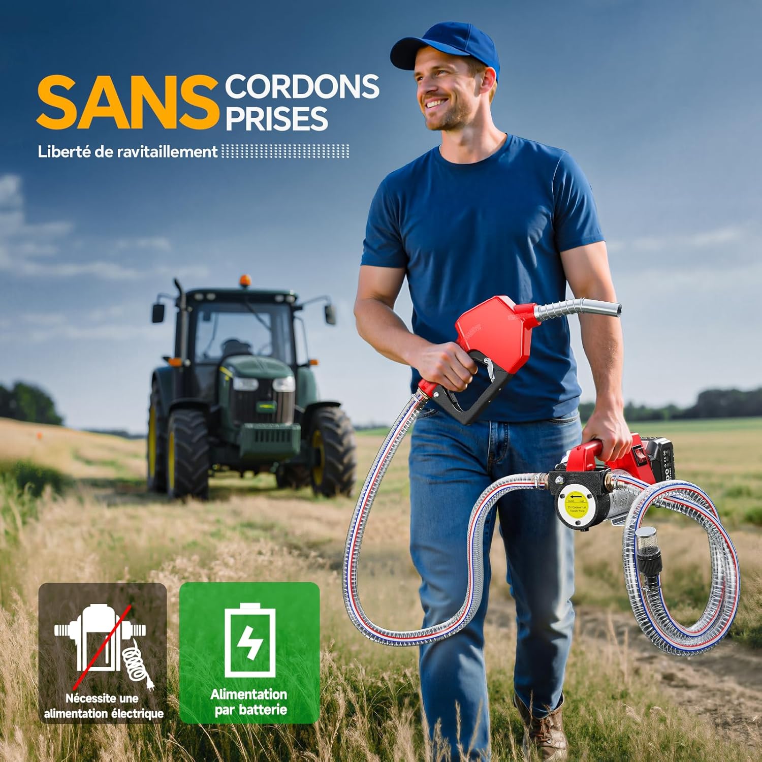 Pompe gasoil sans fil 45 L min batterie 21 V pistolet arrêt automatique