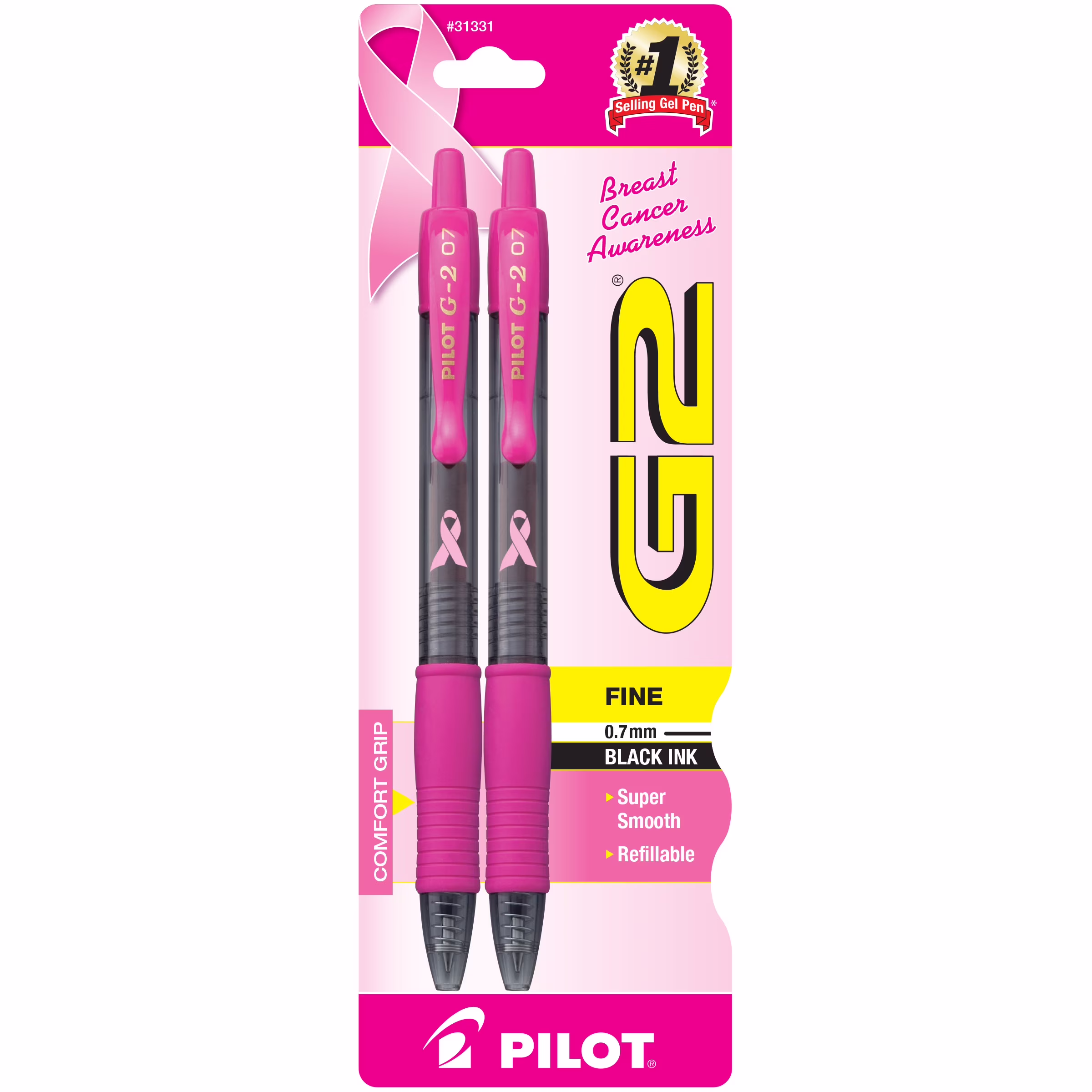 Pilot G2 Retractable Gel Ink Pens, Fine Point, Black, 2 Pack,