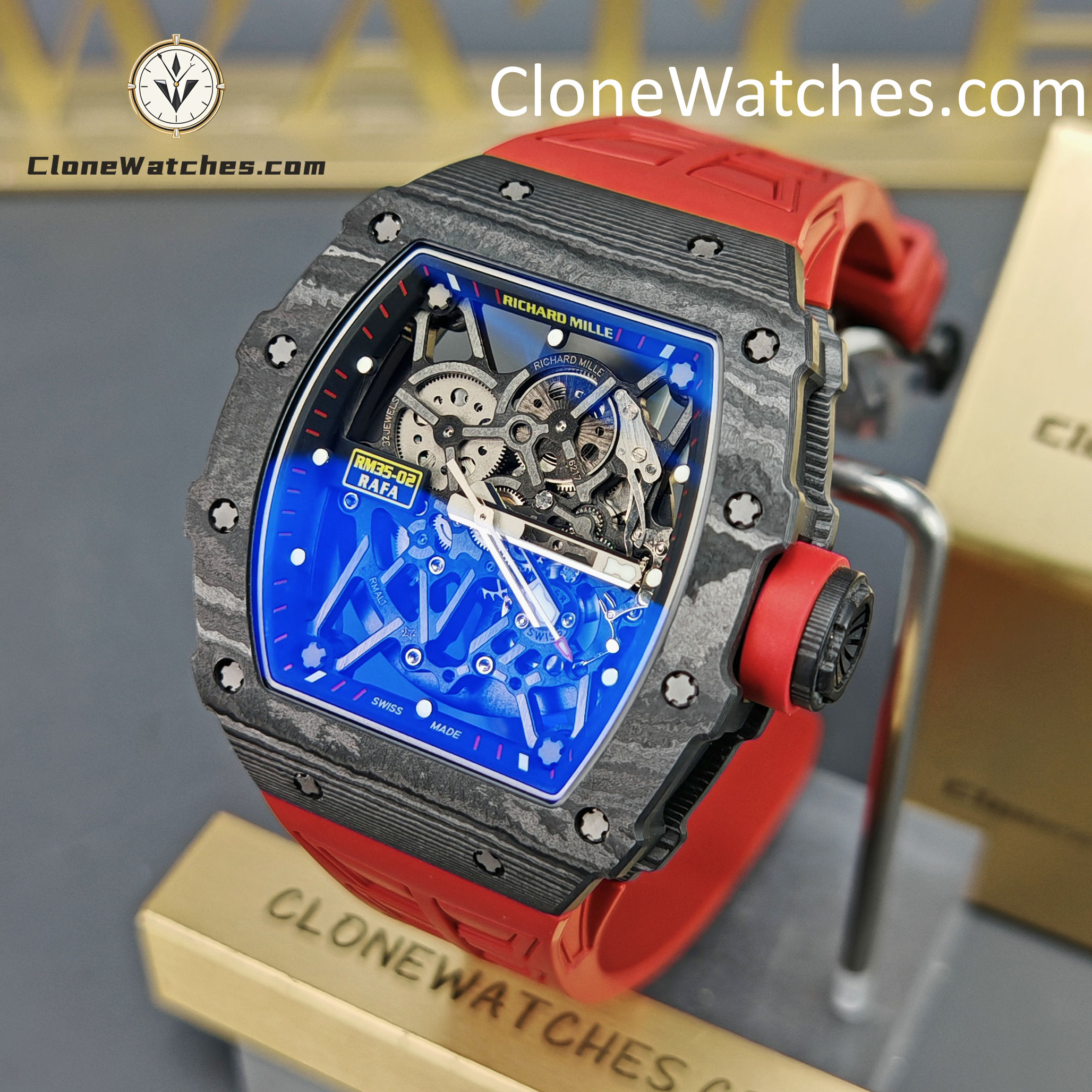 Richard Mille Super Clone Watches 1:1 RM 035 – 02 NTPT Carbon Fiber Red Rubber Strap