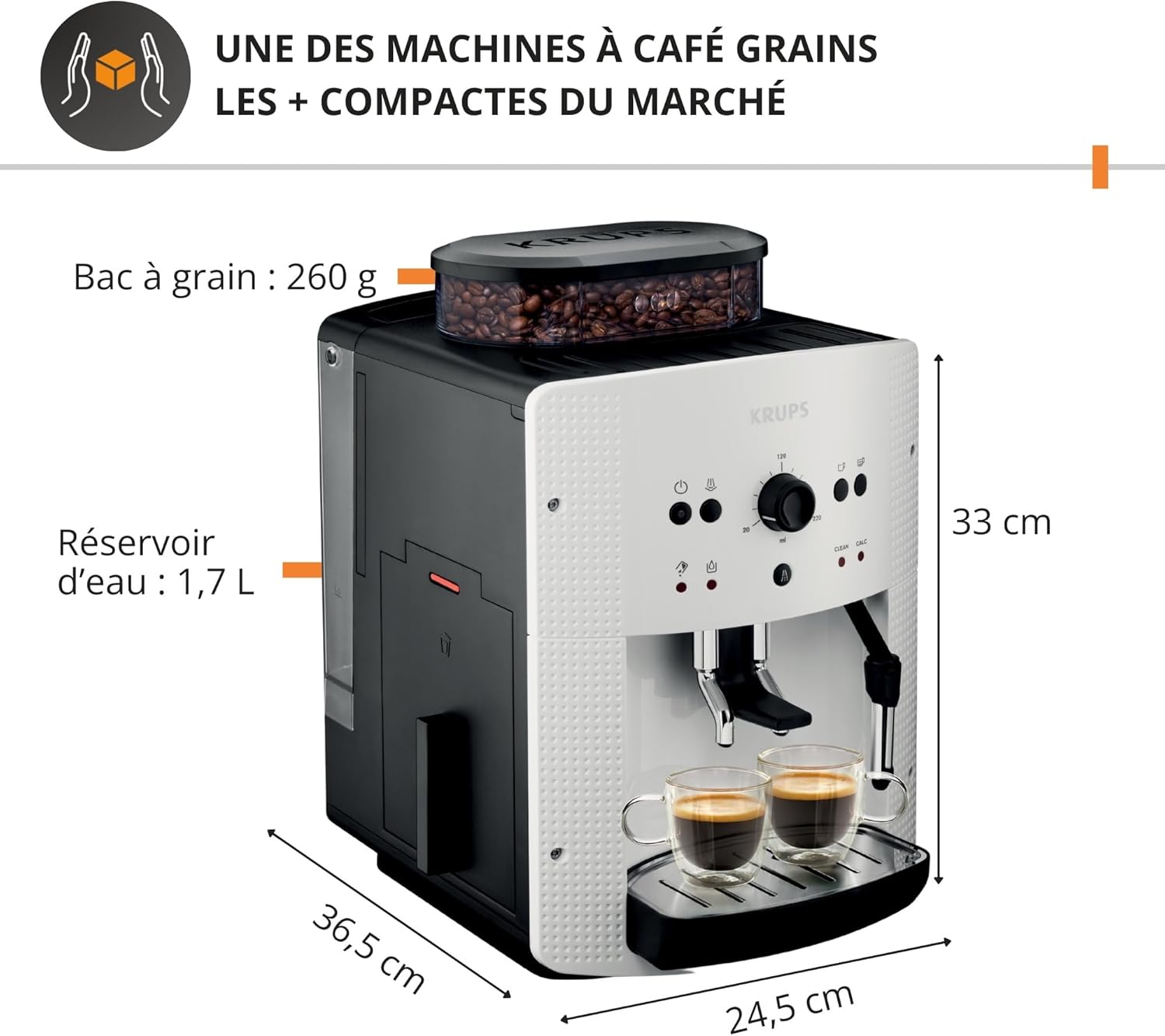 Machine café grains expresso 2 tasses nettoyage auto buse vapeur cappuccino Essential blanche